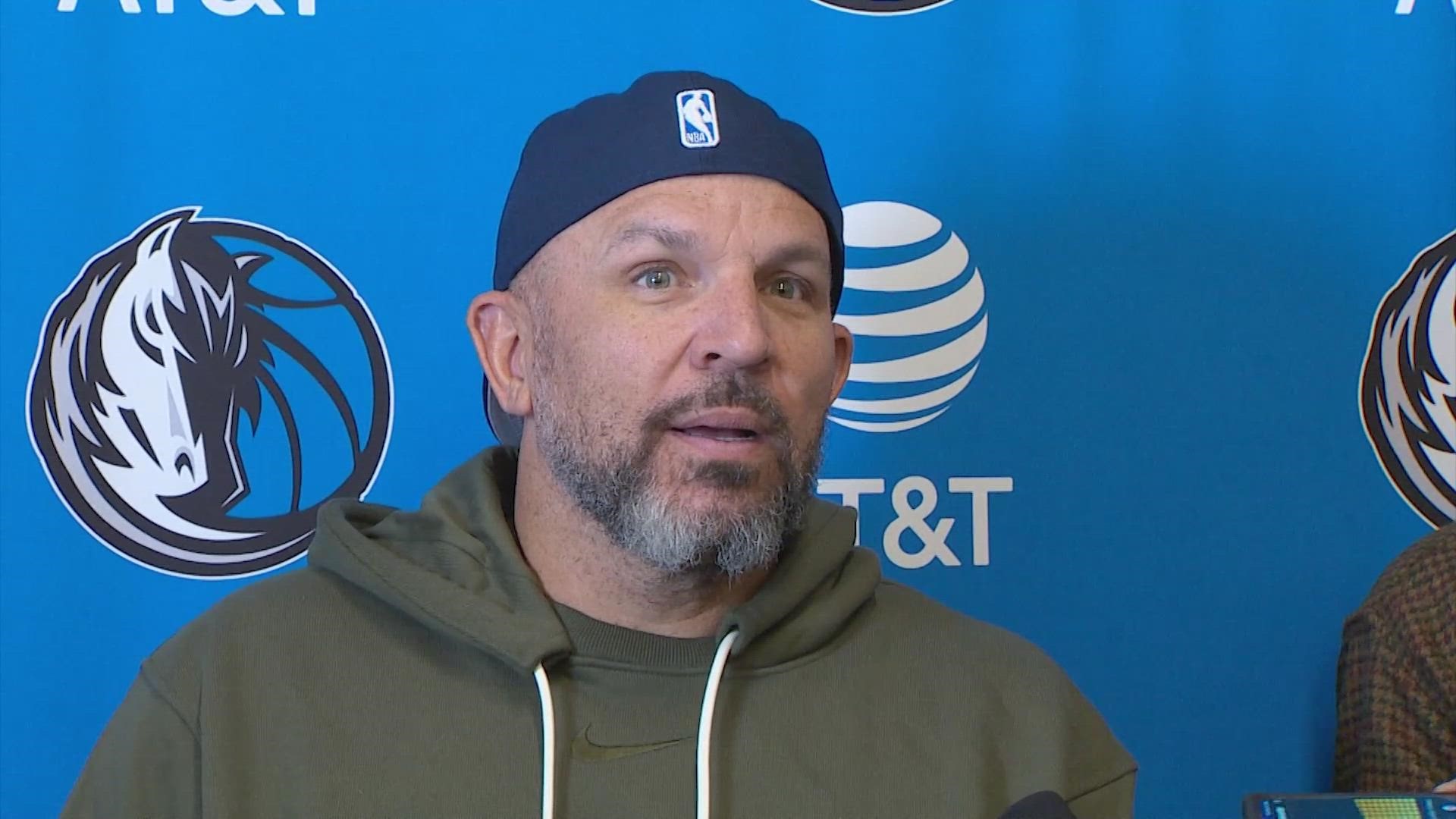 While talking to the media Thursday, Mavs coach Jason Kidd didn't provide an update on Luka Doncic's playing status, but said that it "looks like he's improving."
