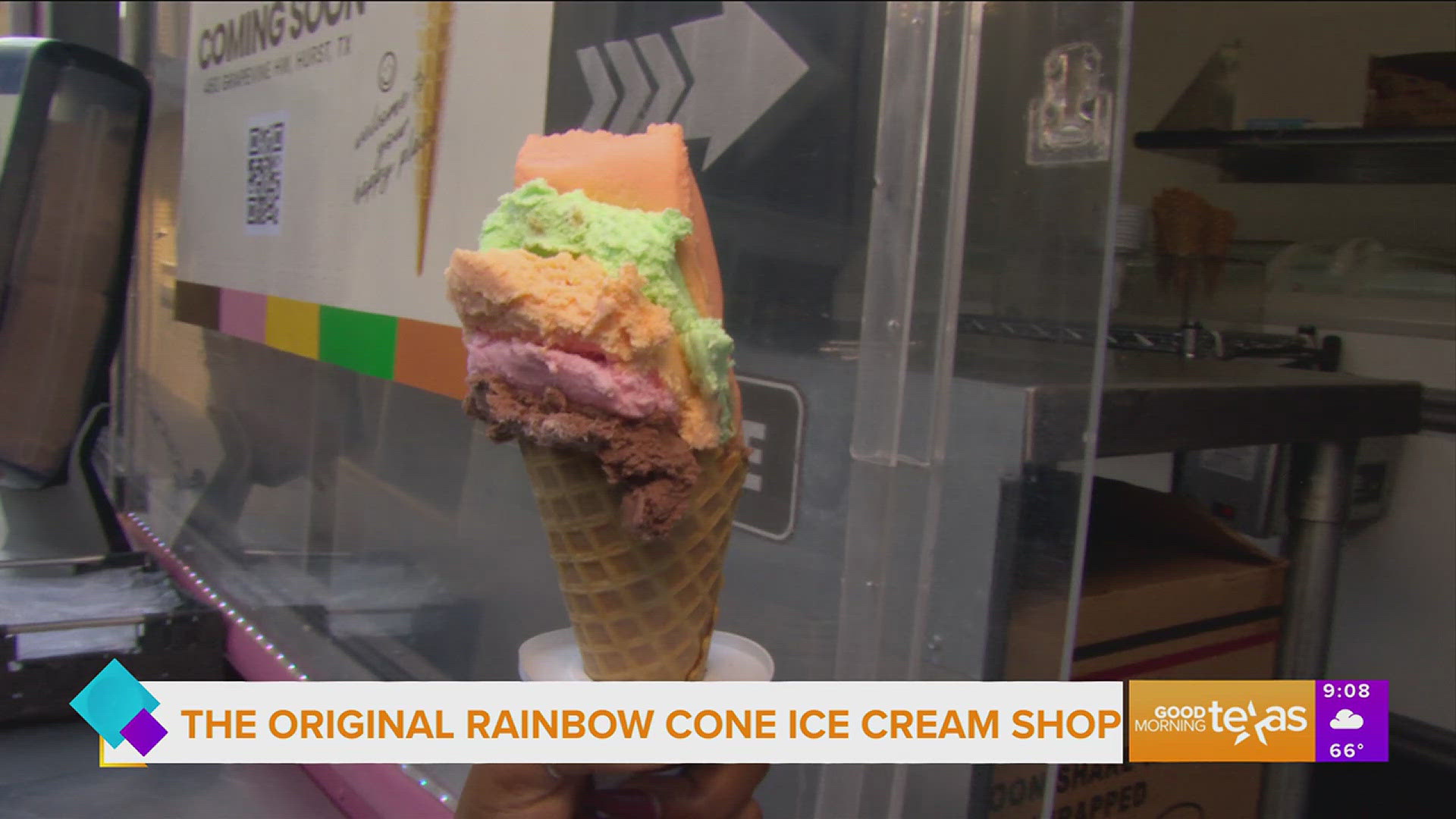 The Original Rainbow Cone Ice Cream Truck from Chicago is here ahead of its store opening in Hurst, Texas with their classic five flavor Original Rainbow Cone.