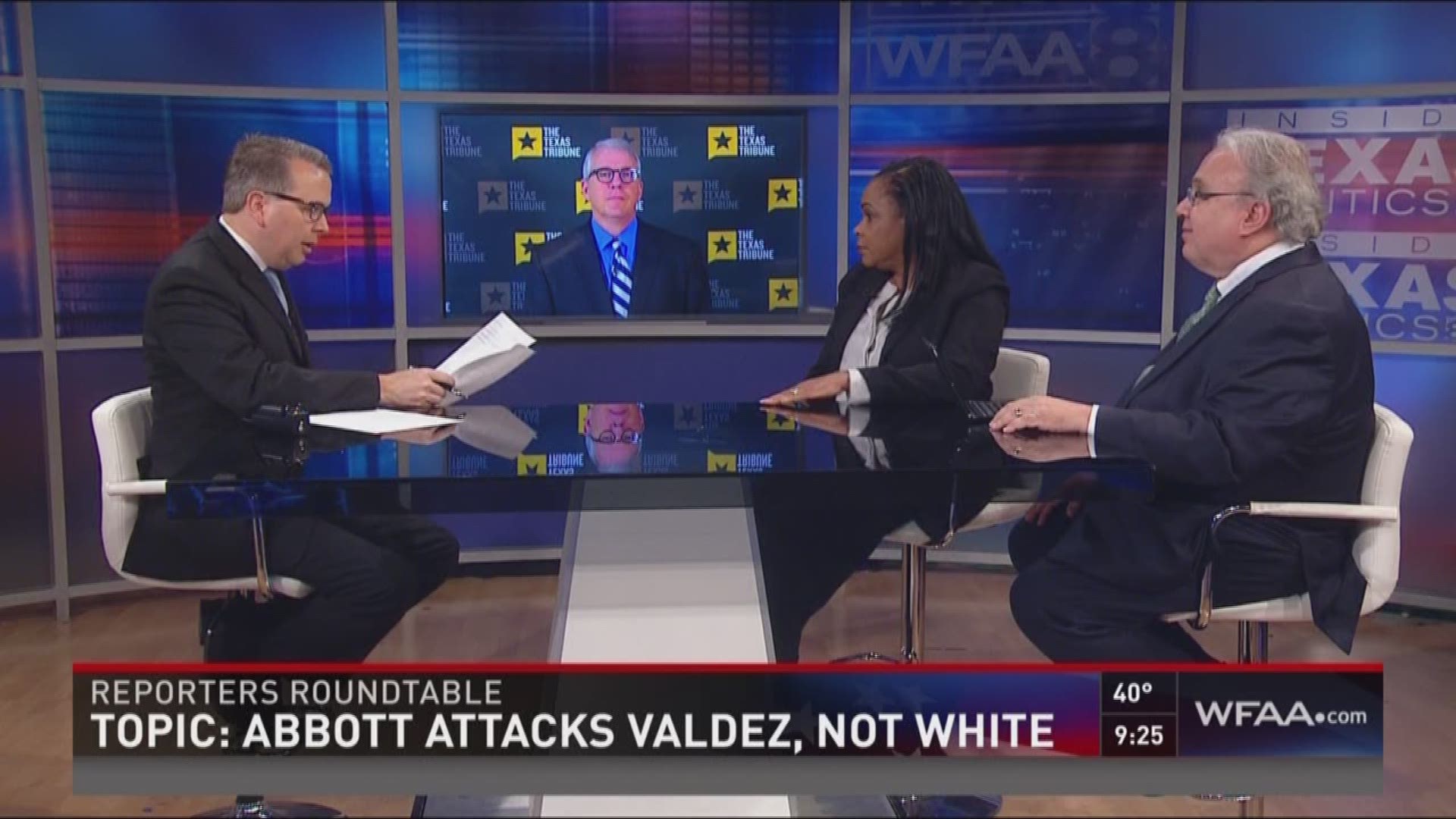 Reporters Roundtable puts the headlines in perspective each week. Bud and Ross returned along with Berna Dean Steptoe, WFAA's political producer. They analyzed Governor Greg Abbott's recent attack on Lupe Valdez, Senator Ted Cruz's image campaign, and dis