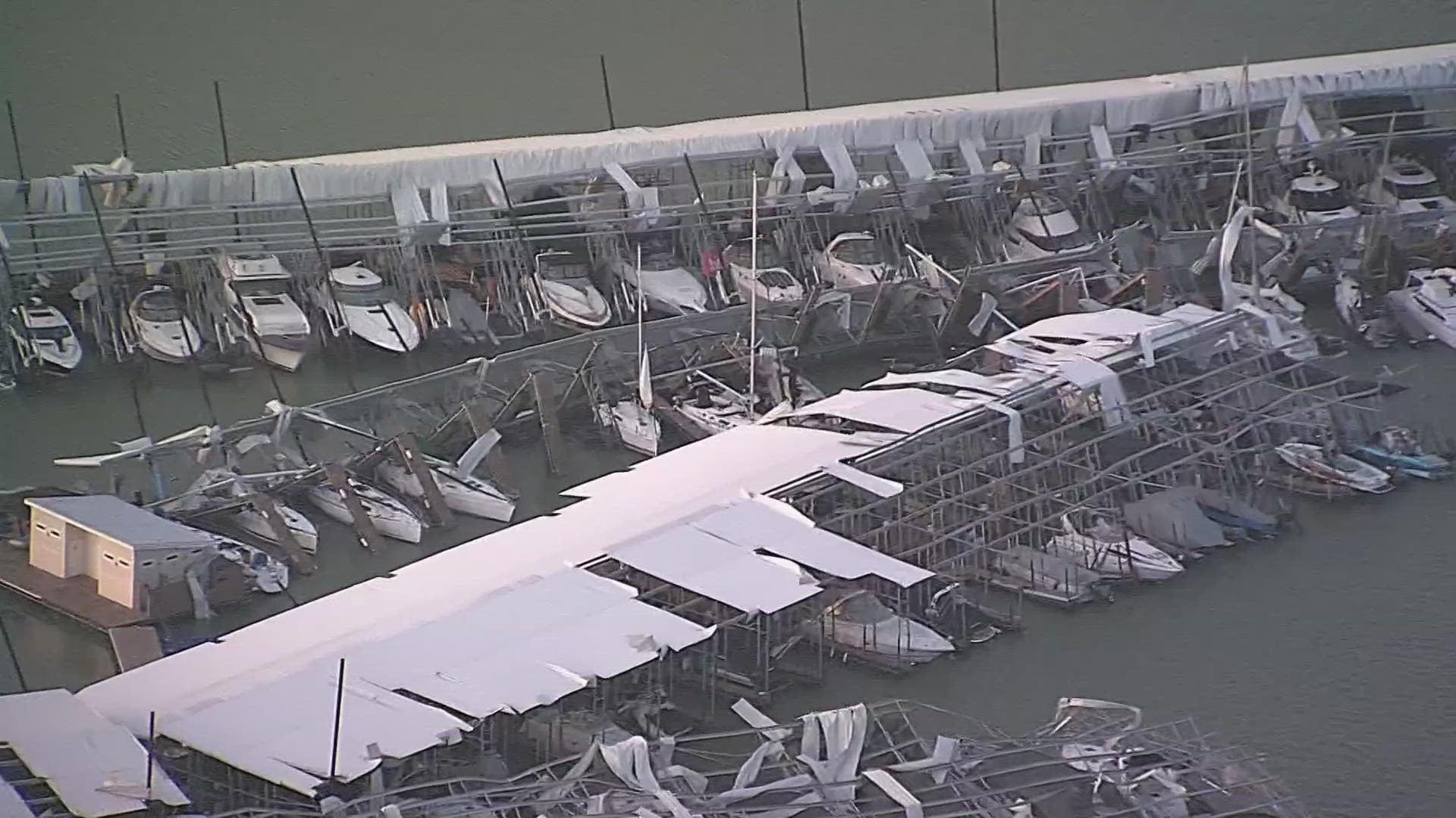 Heavy damage was seen at a Lake Lewisville marina on Friday morning after Thursday night's storms.