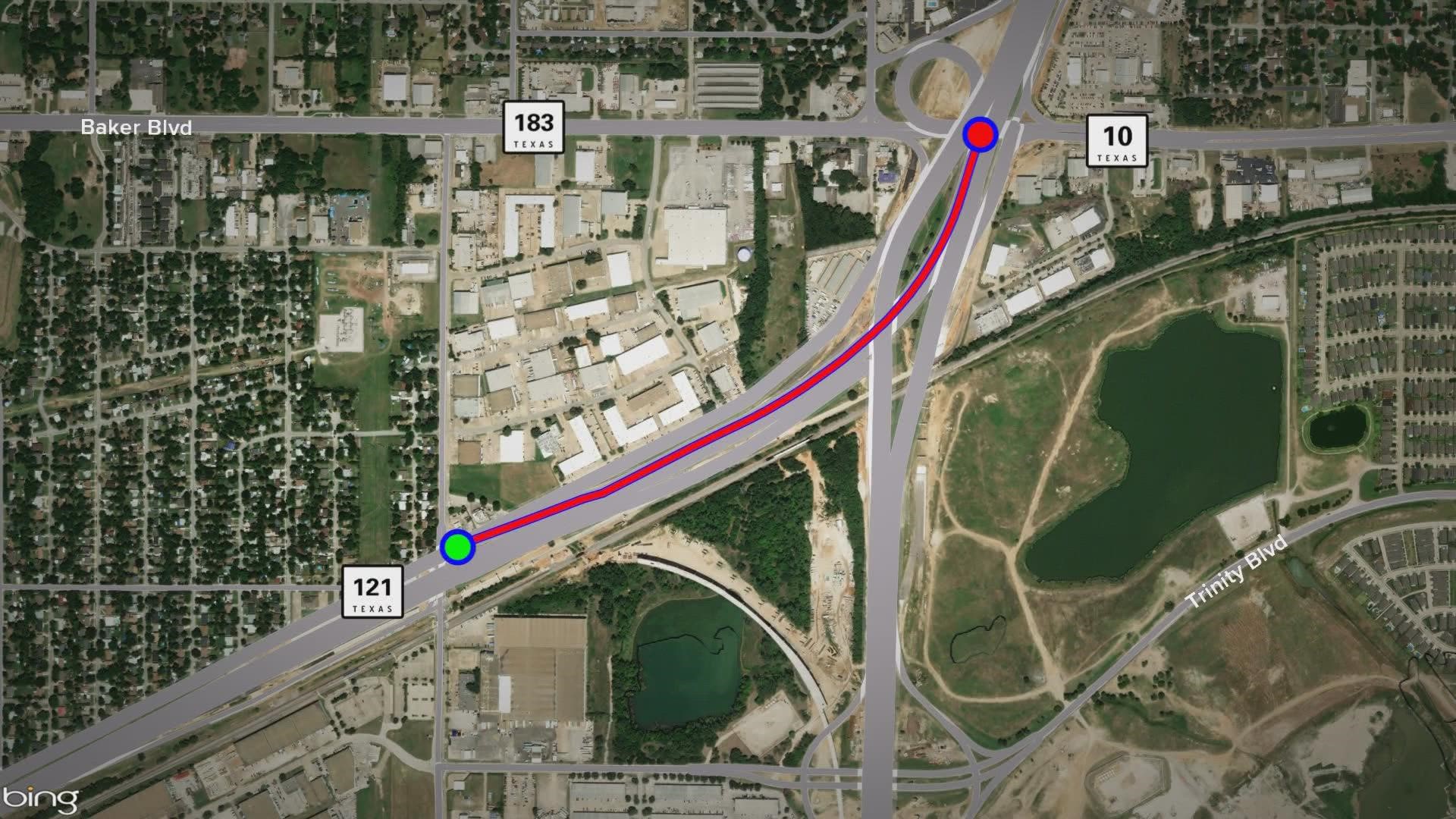 All 820 southbound traffic that crosses over State HWY 121 is shifting to a new bridge.