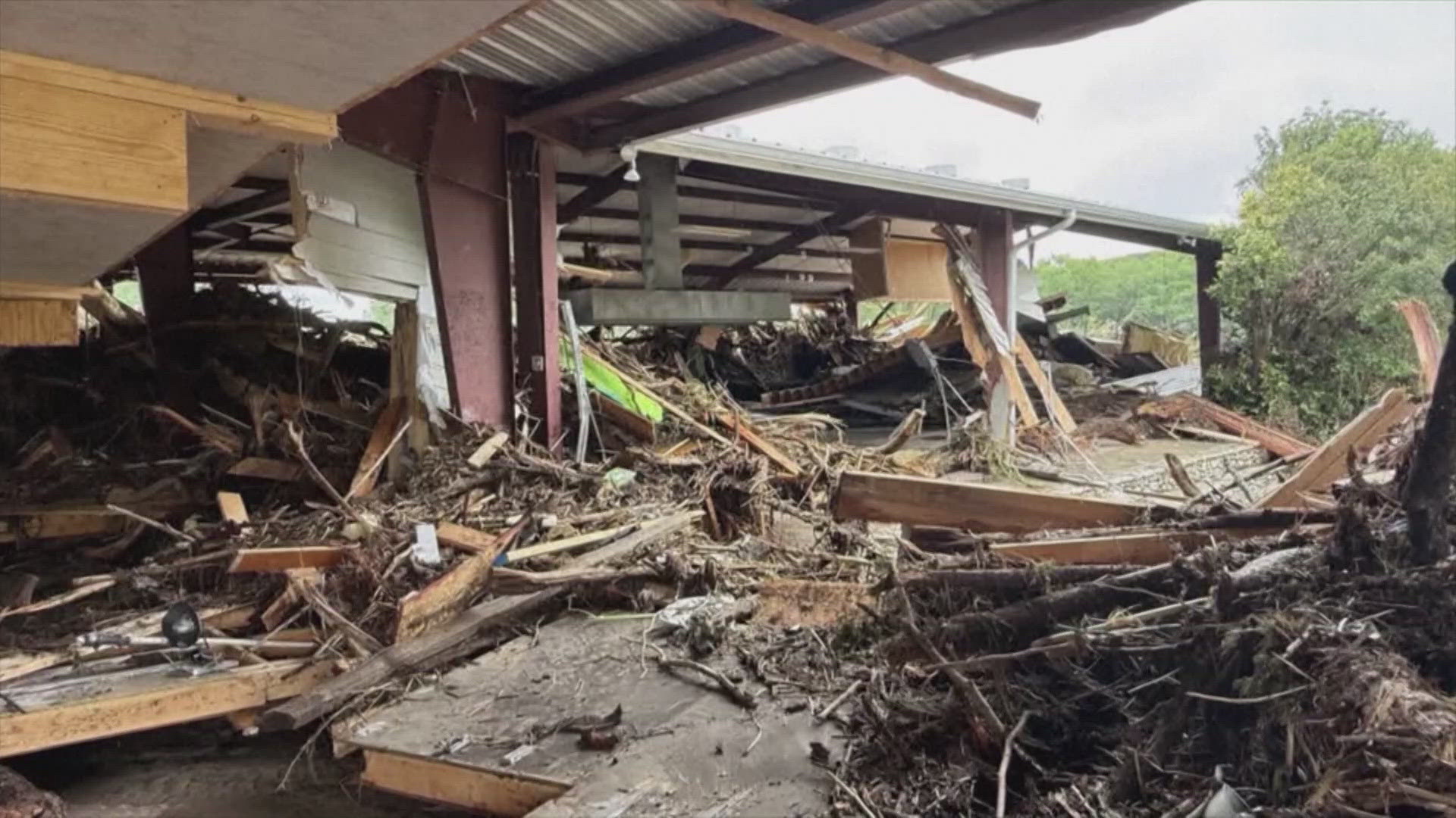 A house was lifted off its foundation. 