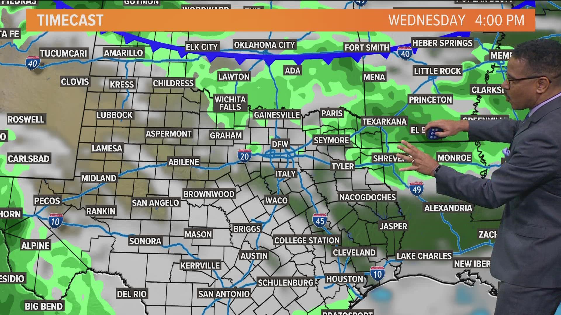 A front will move through North Texas on Wednesday, bringing a chance of rain and a cooldown.