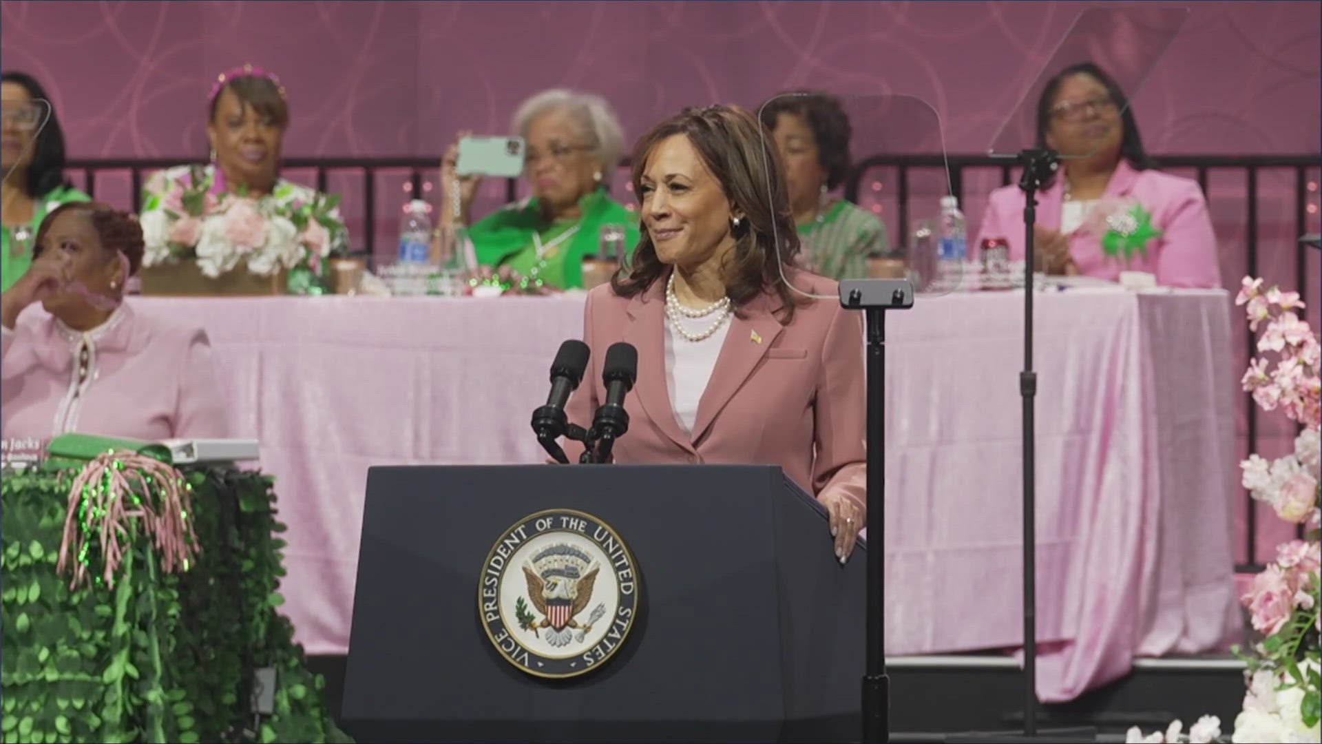 Harris spoke to thousands at the Kay Bailey Hutchison Convention Center at an Alpha Kappa Alpha sorority convention.