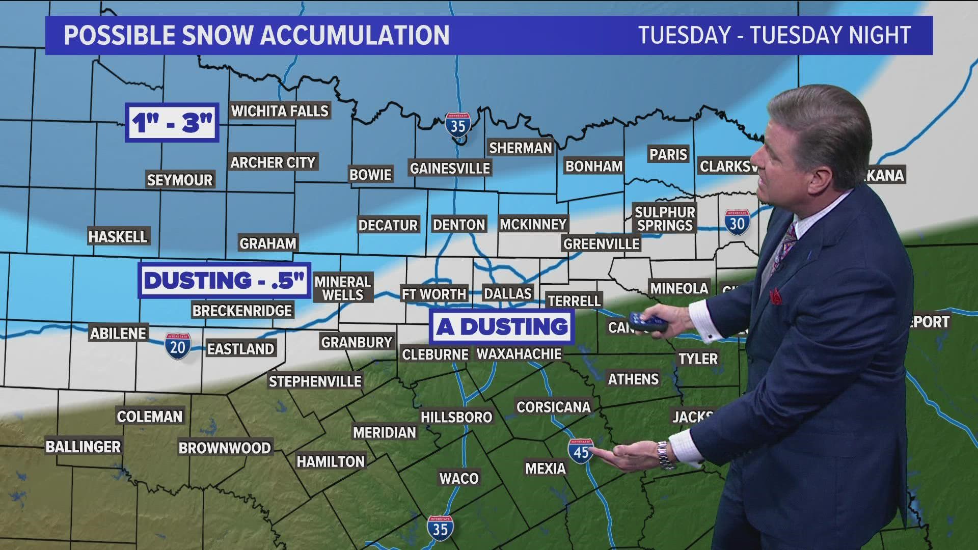 Here's what you can expect on Tuesday when rain and possible snow arrives in North Texas.