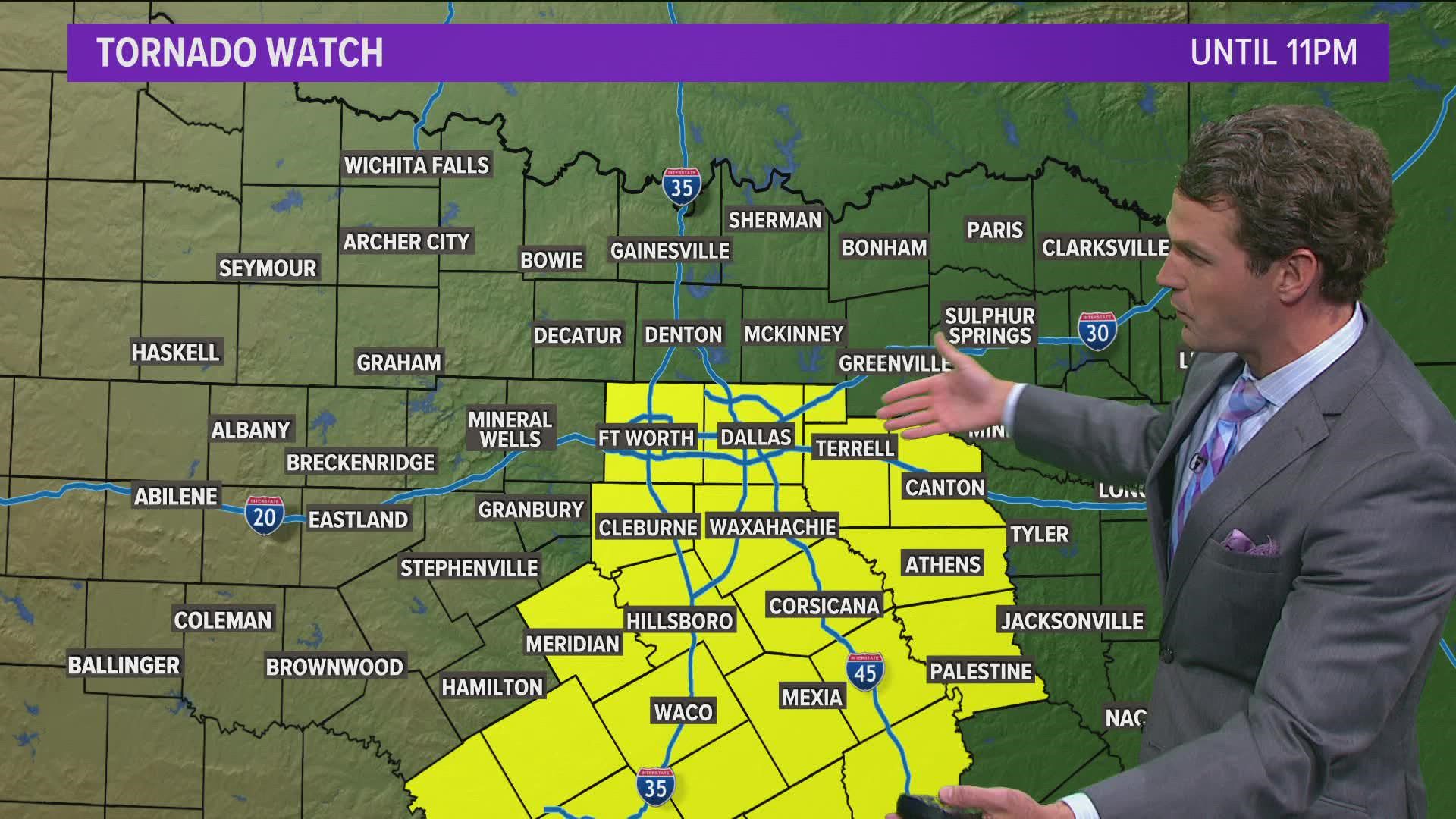 A Tornado Watch has been issued for Dallas, Tarrant, and Rockwall Counties and areas south until 11 PM.