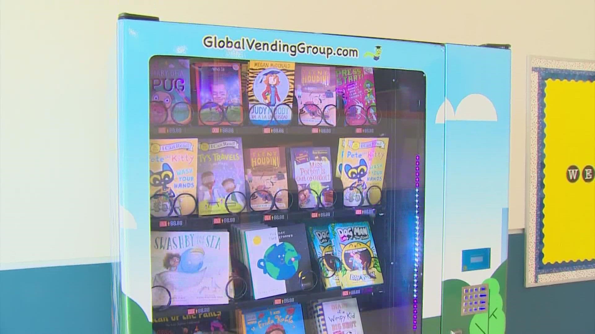 The vending machine distributes books for a variety of different interests and in different languages.