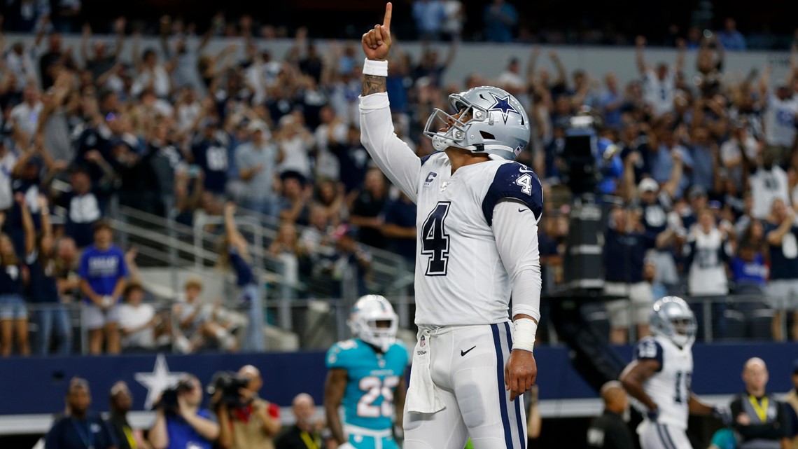 Dallas Cowboys' Dak Prescott (4) and wide receiver Jon'Vea Johnson (81) talk  on the field during drills at the team's NFL football training facility in  Frisco, Texas, Tuesday, June 11, 2019. (AP