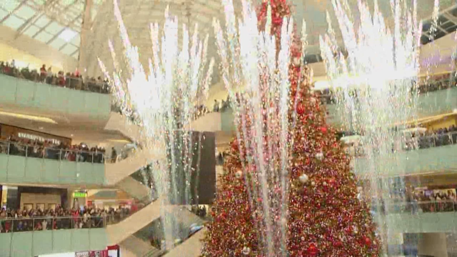 About 10,000 people surrounded the 95-foot tree. It is recorded as the country's tallest indoor Christmas tree.