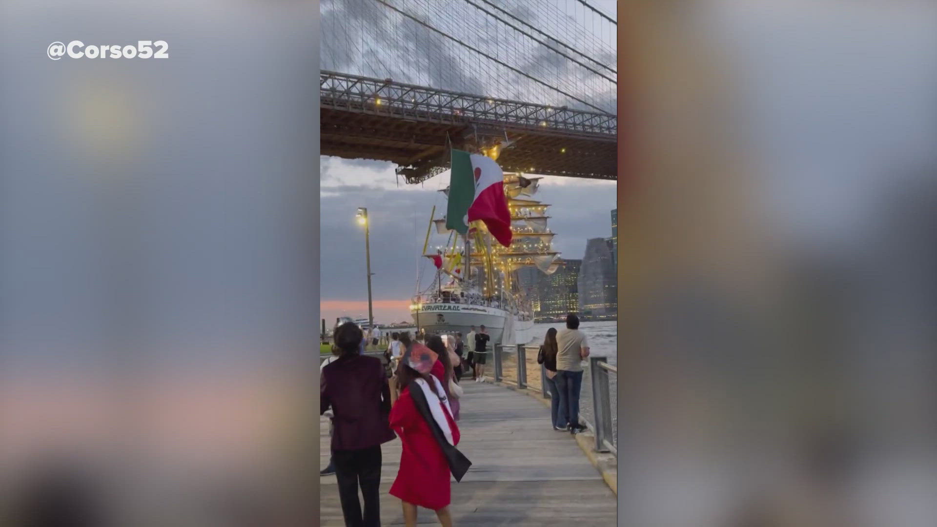 A Mexican Navy training ship hit the Brooklyn Bridge, snapping its masts.