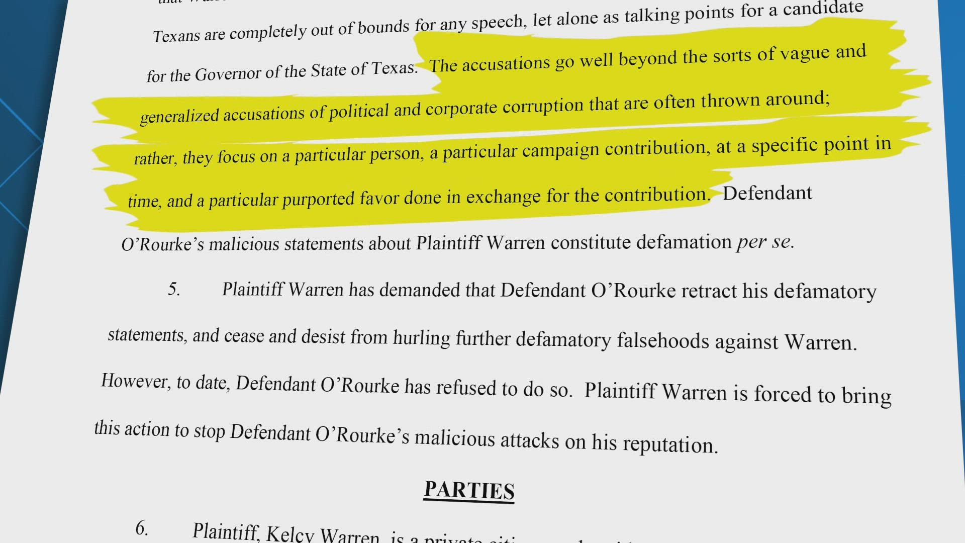 Warren alleges that O’Rourke is falsely suggesting that he did something illegal. O’Rourke says Warren is trying to silence him. Legal discovery could be revealing.