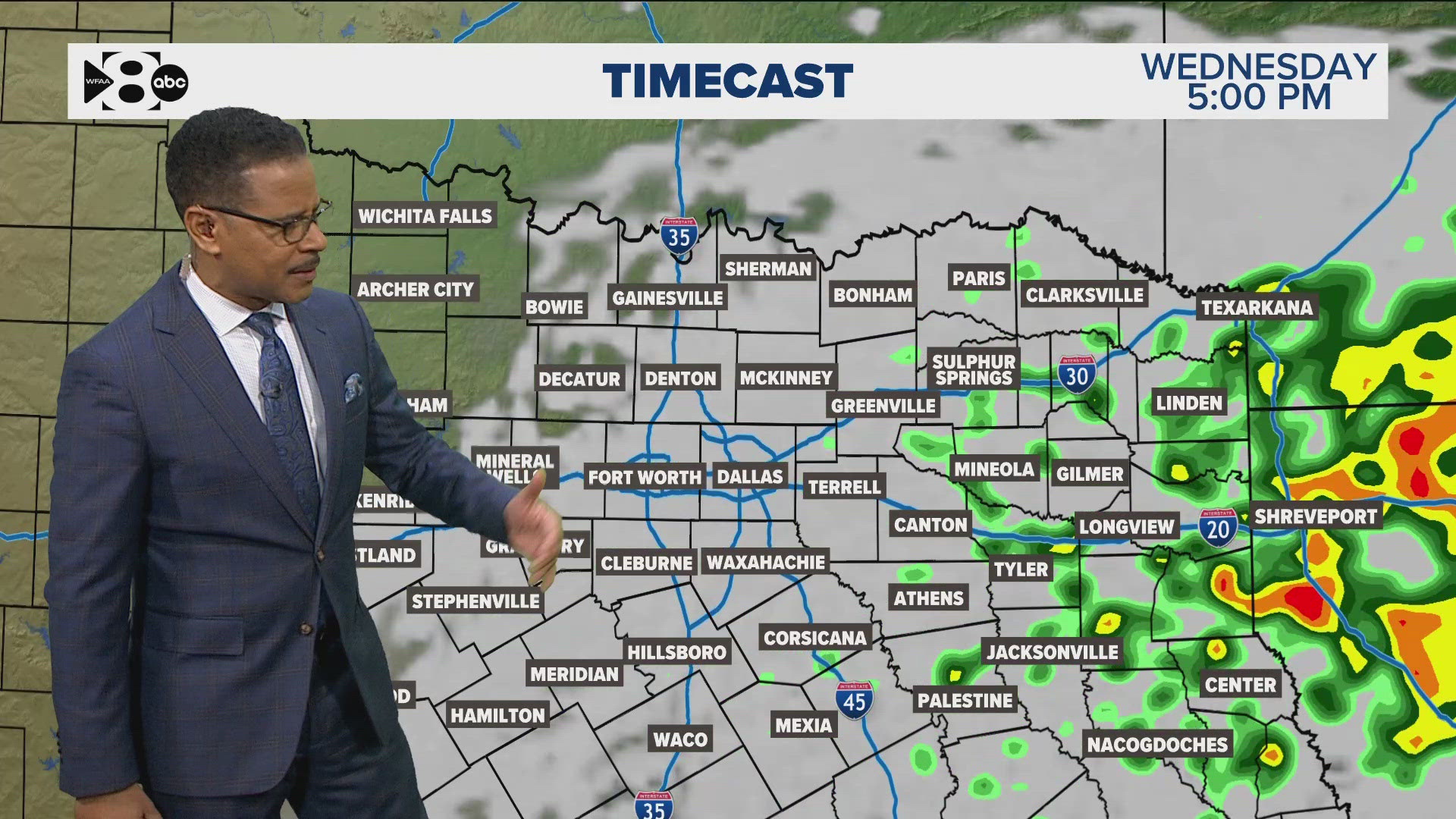 There's a chance for isolated thunderstorms southeast of Dallas.