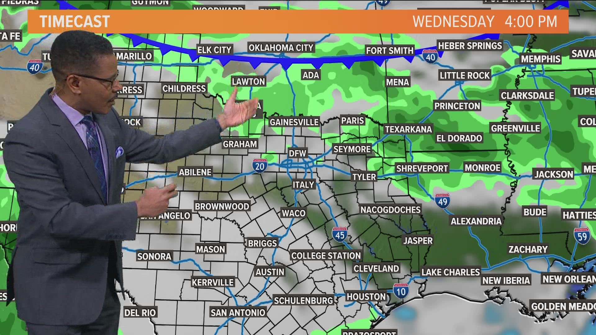 A front will bring a chance of rain in North Texas and, thankfully, cooler temps.