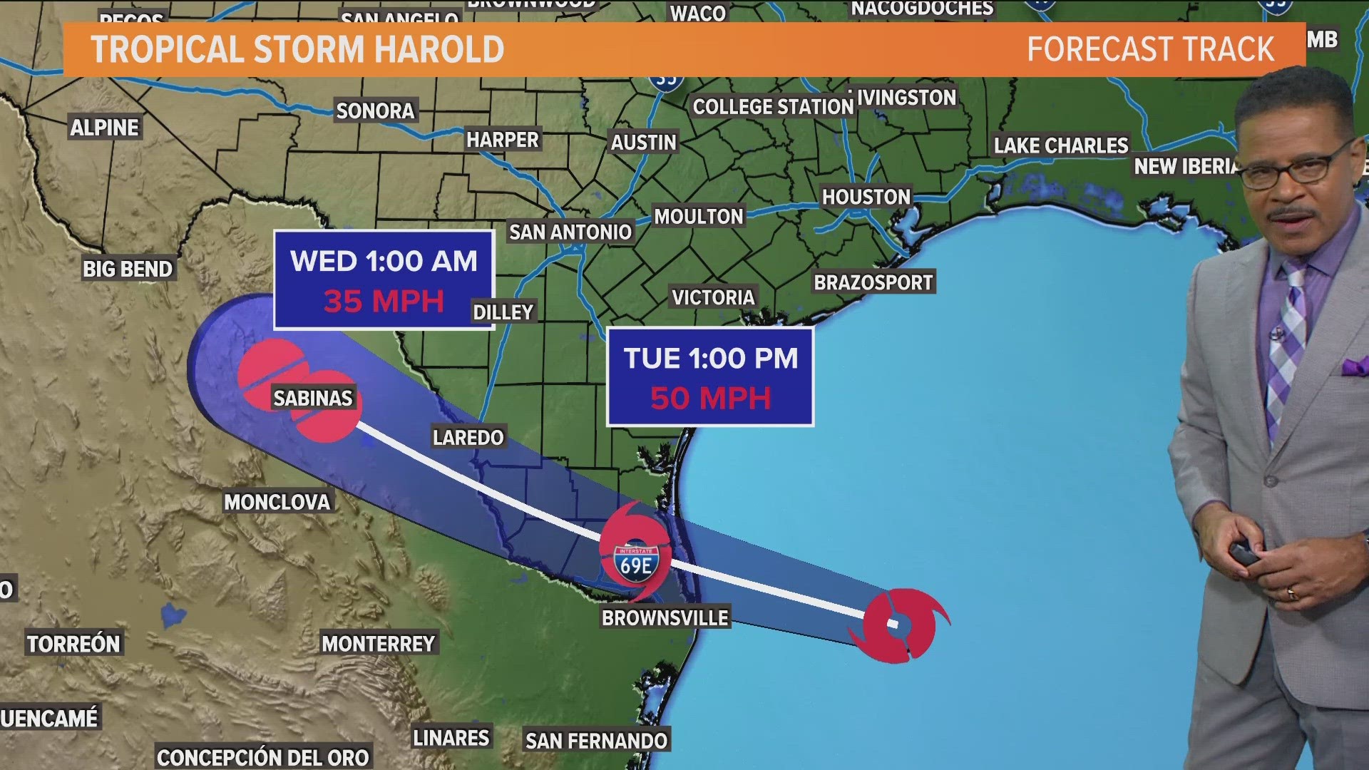 Tropical Storm Harold will bring heavy rains and gusty winds to the Coastal Bend Tuesday morning.