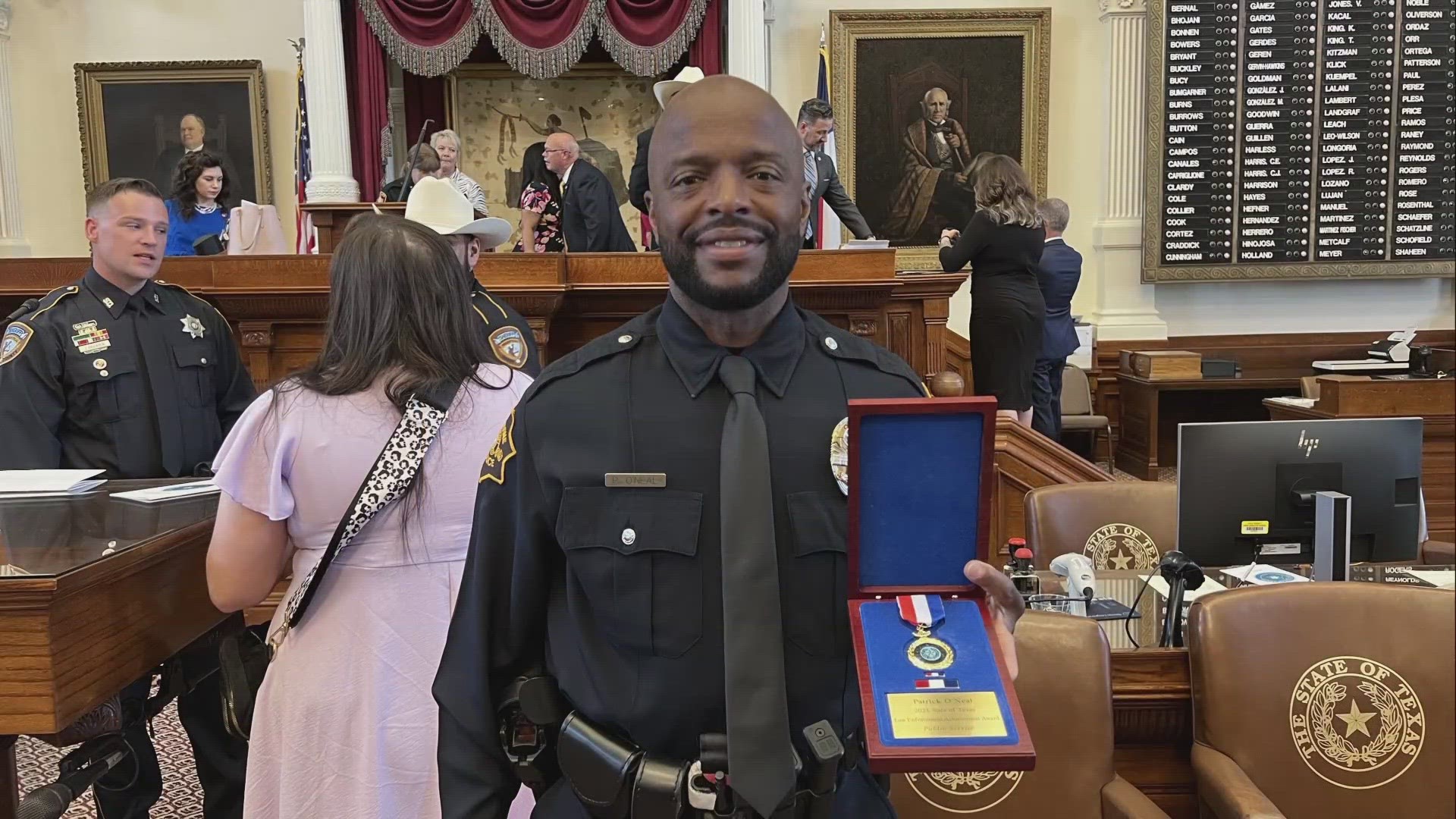 Officer Patrick O’Neal was presented the 2023 State of Texas Law Enforcement Achievement Award for Public Service in the House of Representative Chamber on June 16.