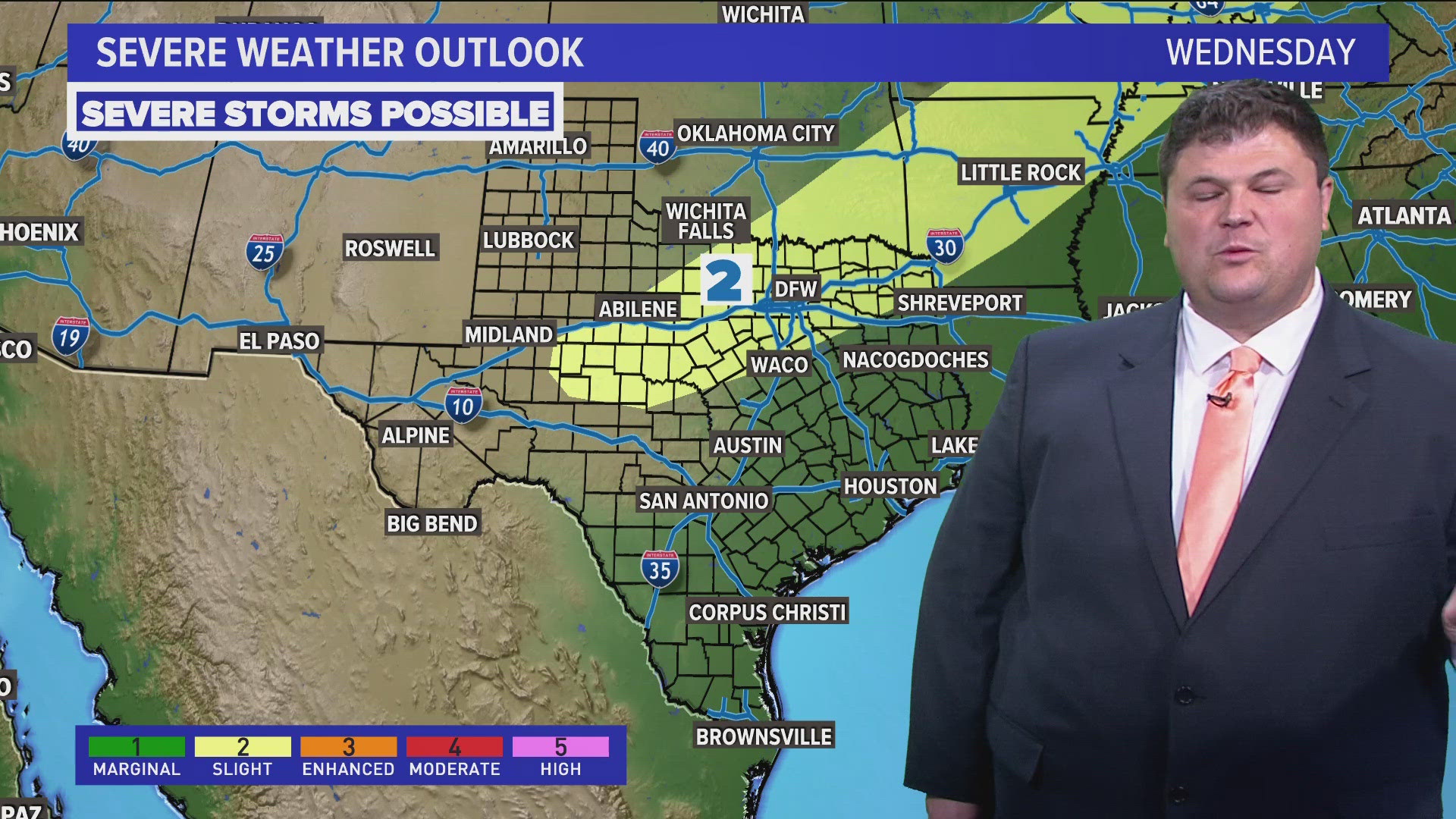 There is a slight risk for severe thunderstorms in place on Wednesday for much of North Texas.