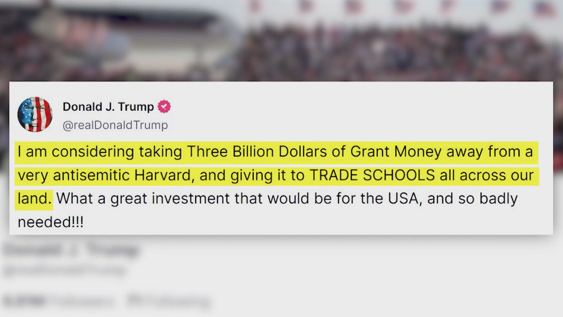The president said the money would be given to trade schools around the country if the cut is made.