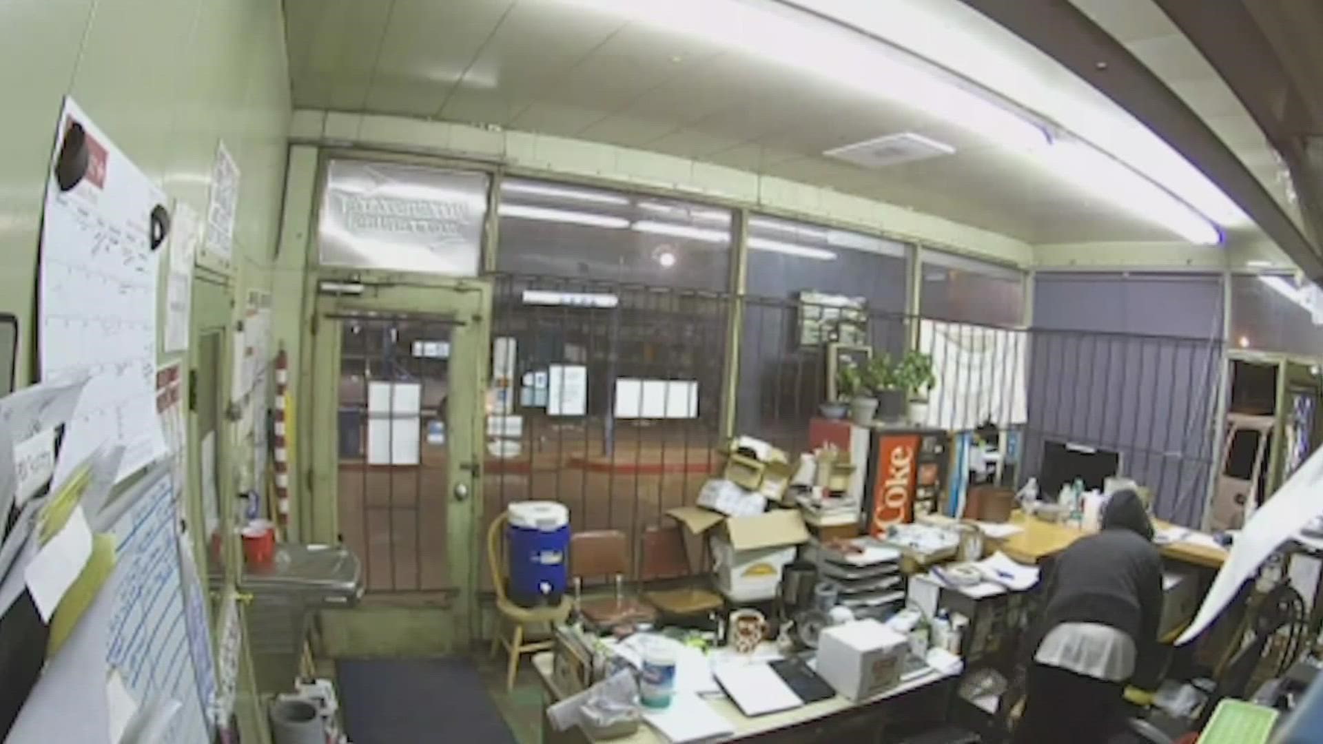 In the 79-second video, two people are seen walking inside the main office, peering through the garage window, opening the cash register and taking off with money.