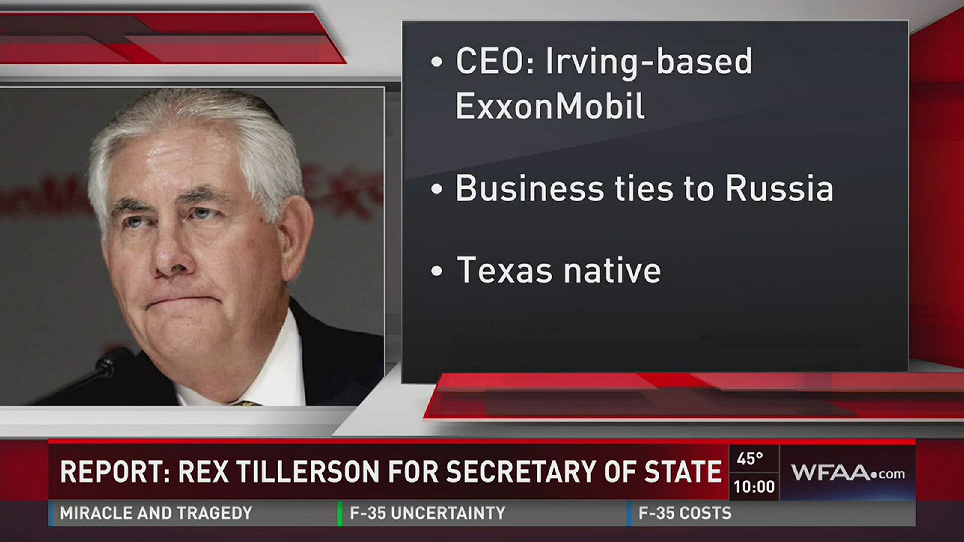 The Associated Press reports Exxon Mobil CEO Rex Tillerson will be named Donald Trump's Secretary of State Tuesday.