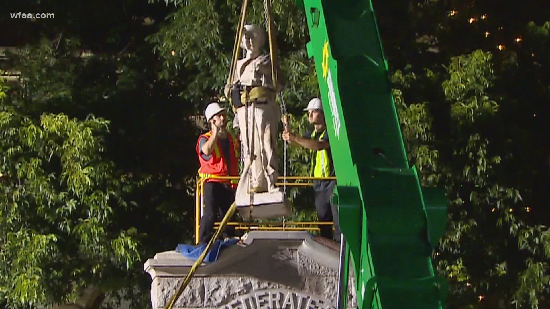 A Confederate monument in the Denton town square was taken down early June 25. In Dallas, the monument in Pioneer Park is dismantled.