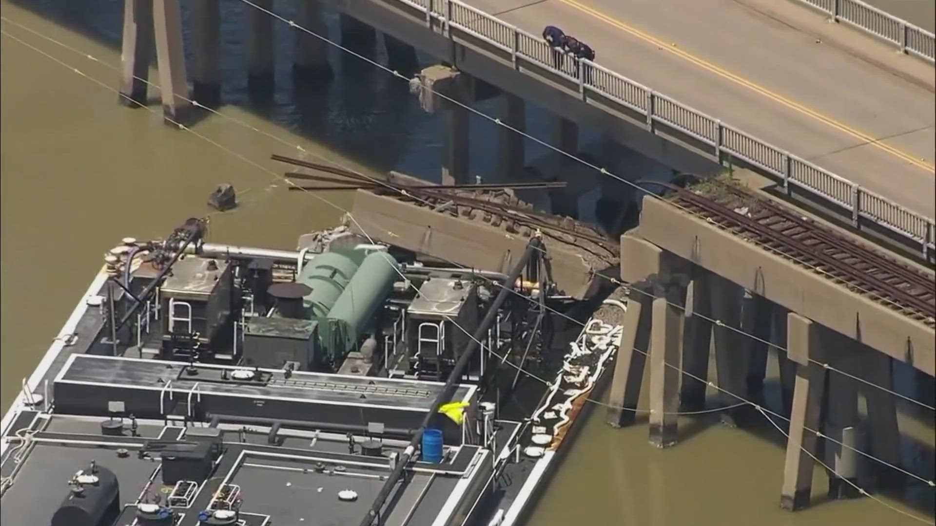 A barge slammed into a bridge pillar in Galveston, Texas, on Wednesday.