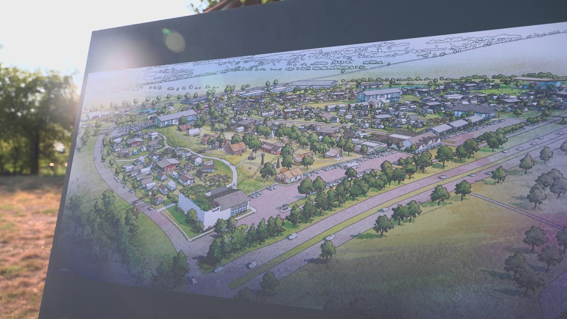 The plan is to build 350 tiny homes on a piece of family land to house homeless people. The property will have a pond, amphitheater, food market, and more.