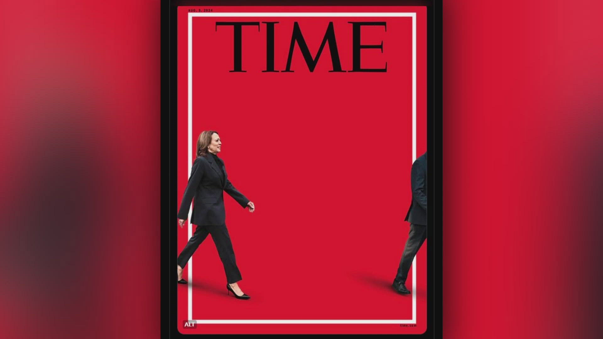 The cover shows Harris stepping in, a reference to her becoming the clear favorite for the Democratic candidacy.