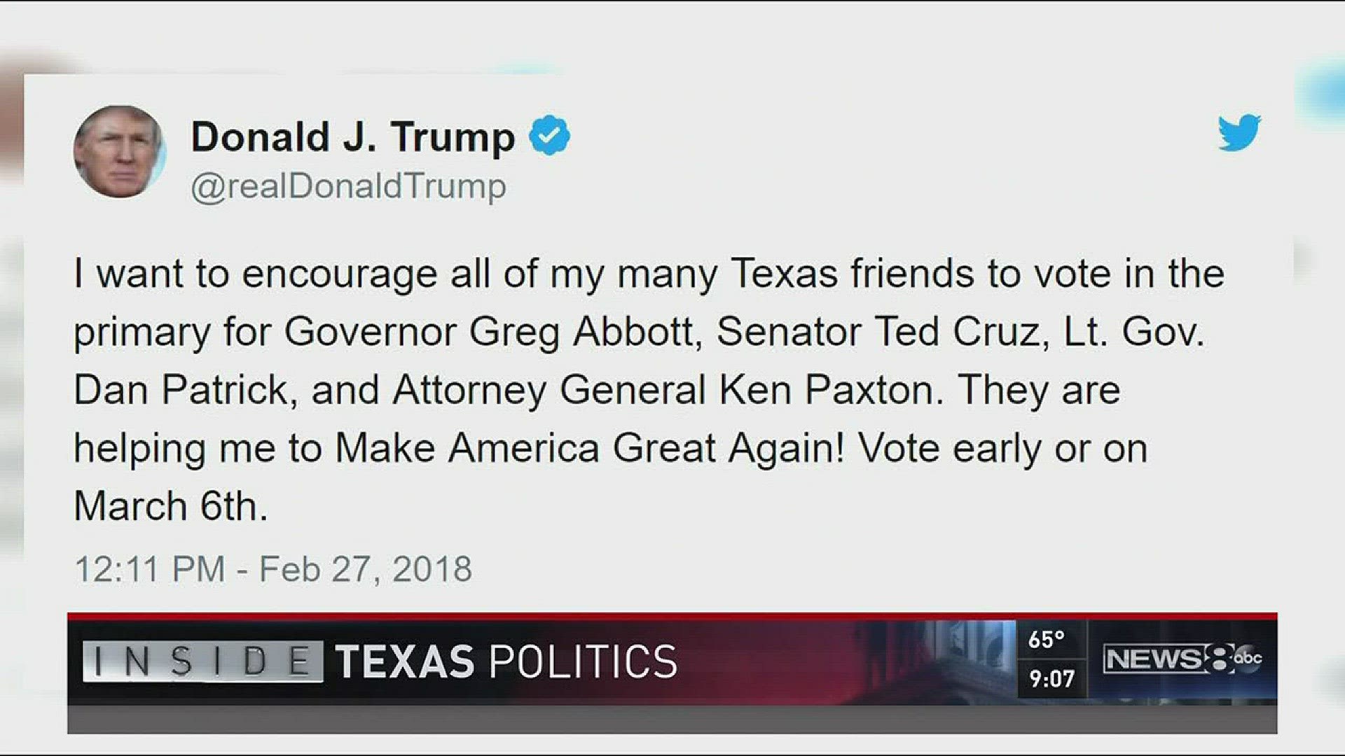 It appears as if President Donald Trump's Tweets always make news. Two of his Tweets last week offered support to some Texas Republicans running for re-election.Eight incumbents in all. Ross Ramsey, the co-founder and executive editor of the Texas Tribun