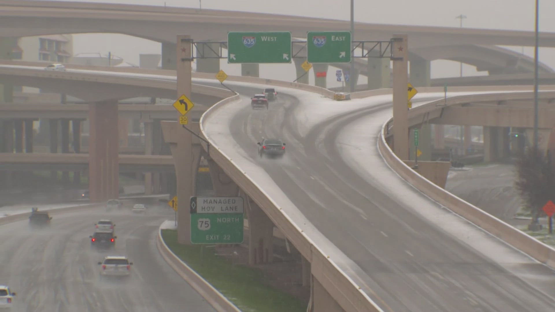 Snow and sleet are falling in North Texas, leading to treacherous conditions on highways.