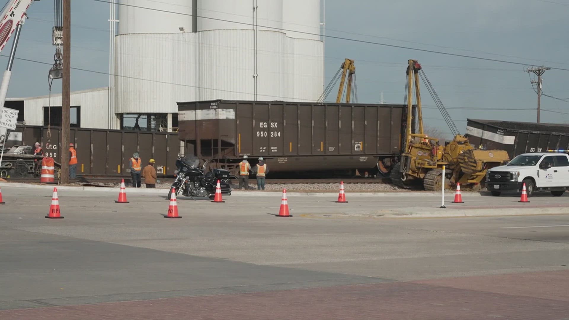 The derailment has shut down southbound lanes of U.S. 377 in Roanoke on Tuesday morning, police said.