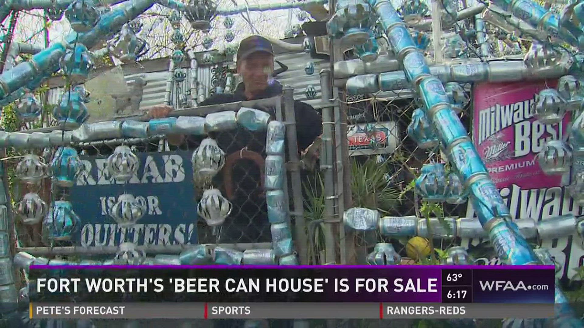 Louis Torres's famous Fort Worth home, decorated with nearly 3,000 beer cans, is for sale. But he says the cans will be back at his next home. Todd Unger reports.