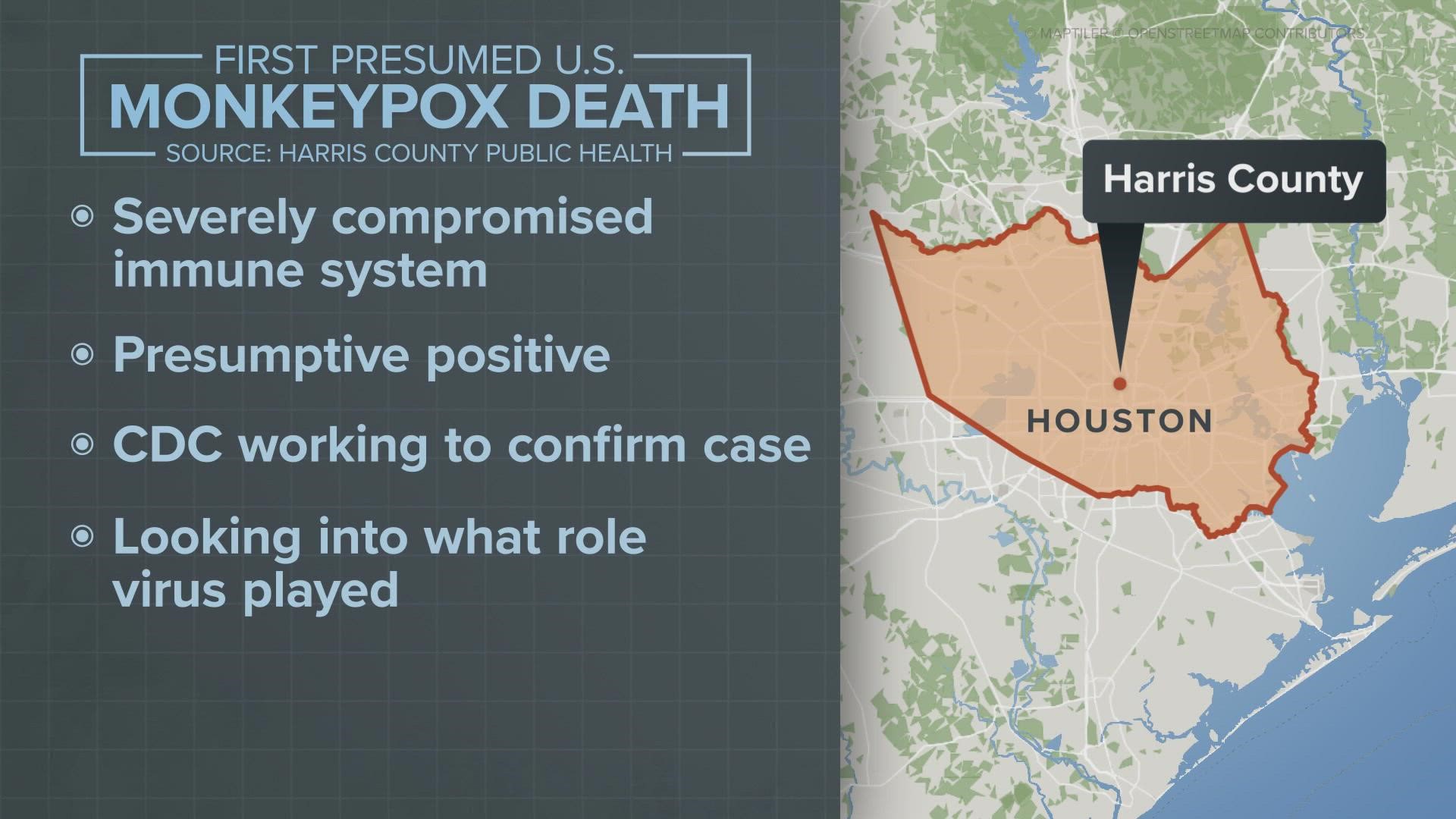 The death happened in the Houston area of Texas. The CDC is working to confirm the case.