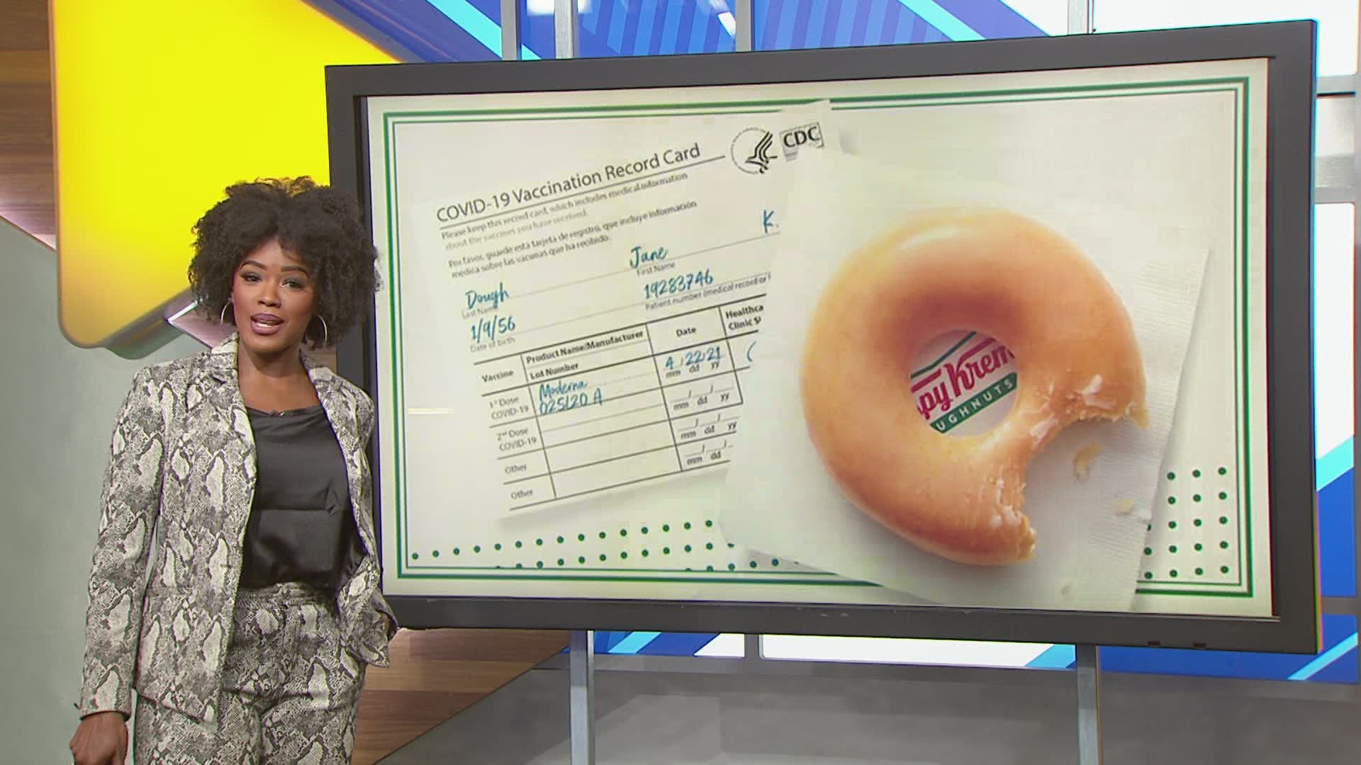 Anyone who shows their COVID-19 Vaccination Record Card will receive a free Original Glazed doughnut.