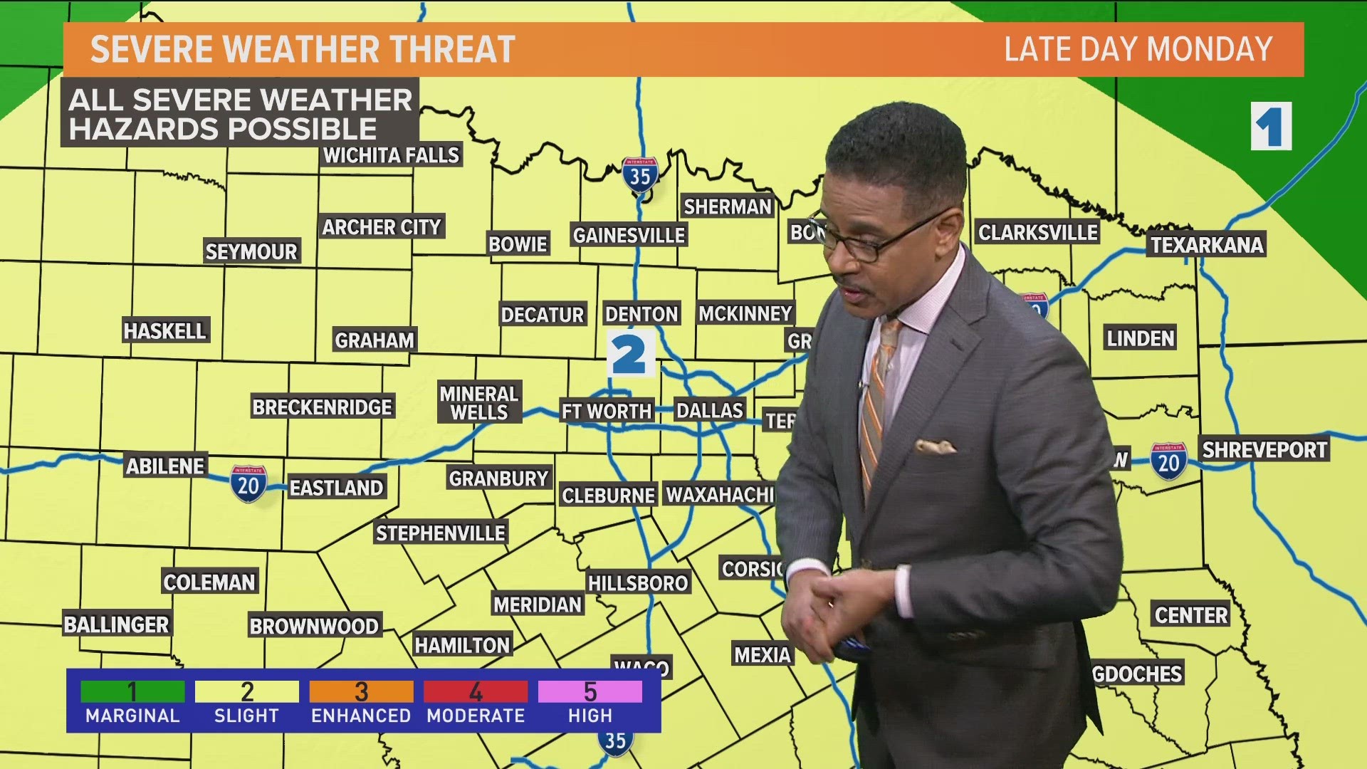 Severe weather hazards including flooding are of concern on Monday evening. Severe weather potential will continue on Tuesday and Wednesday as well.