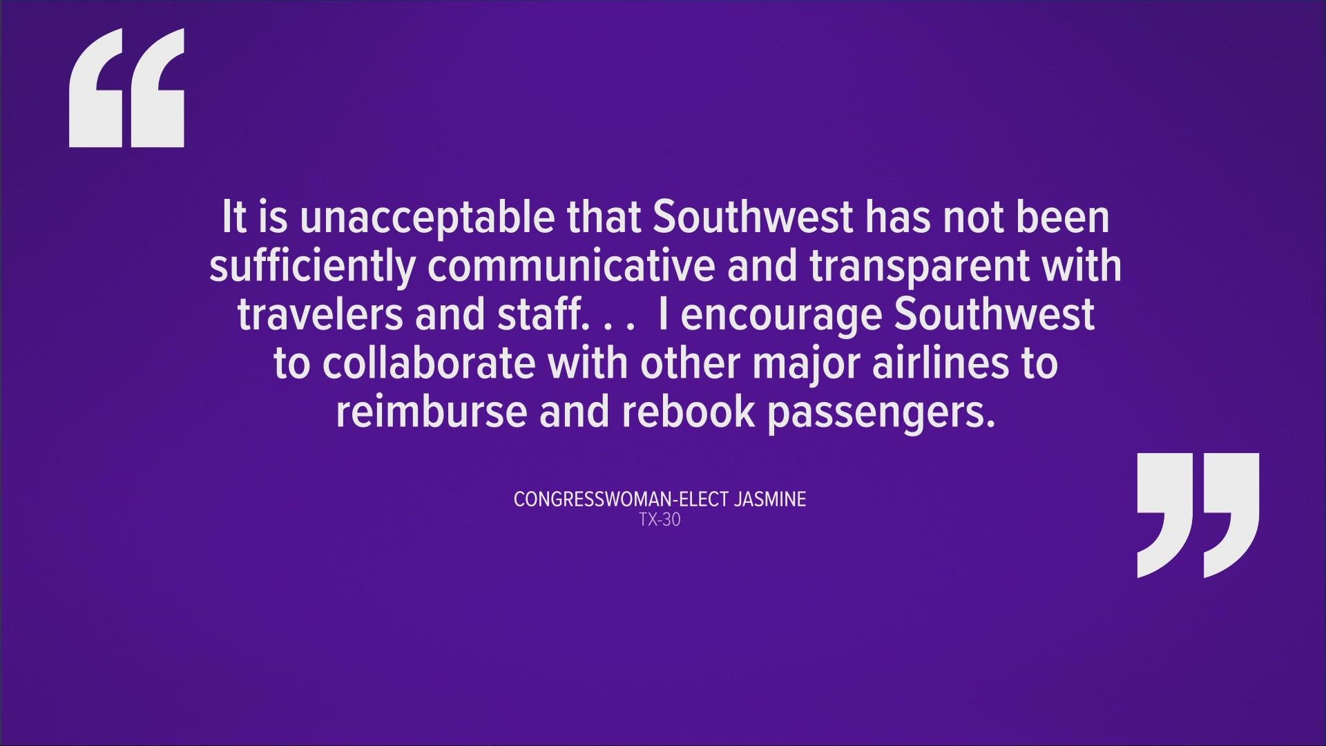 Congresswoman-elect Jasmine Crockett, whose district houses Dallas Love Field and Southwest Airlines' HQ released a statement on Thursday.