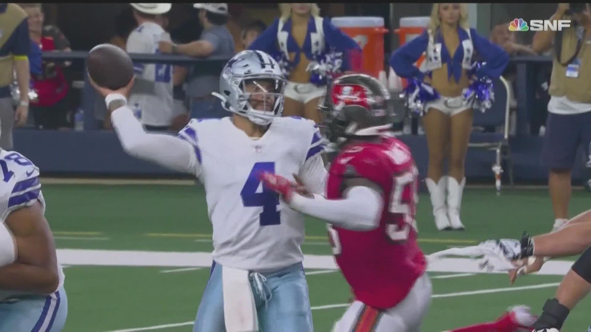 Prescott appeared to hurt his right thumb while hitting it against a Bucs defender's helmet after a throw. The team plans for him to have surgery on Monday.