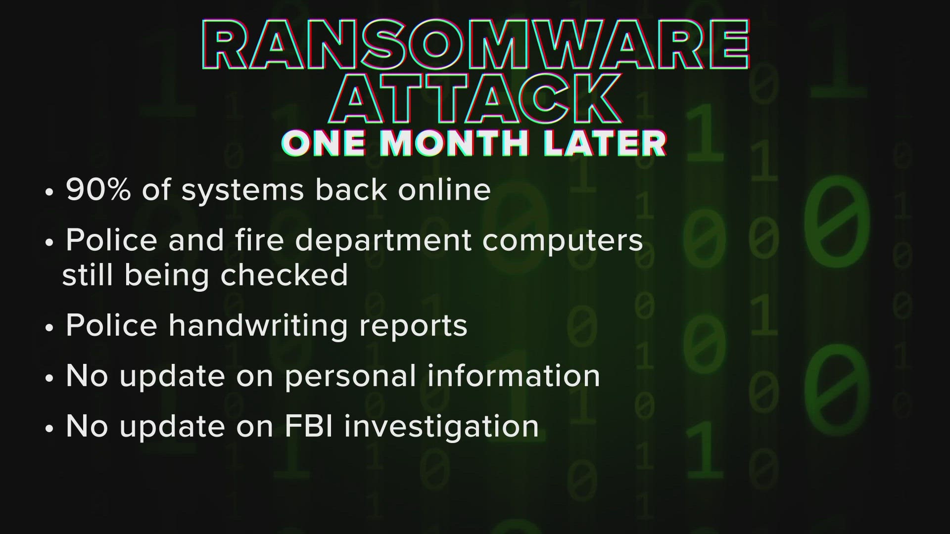 City of Dallas says most of its systems are back up and running after getting hit by ransom ware a month ago.