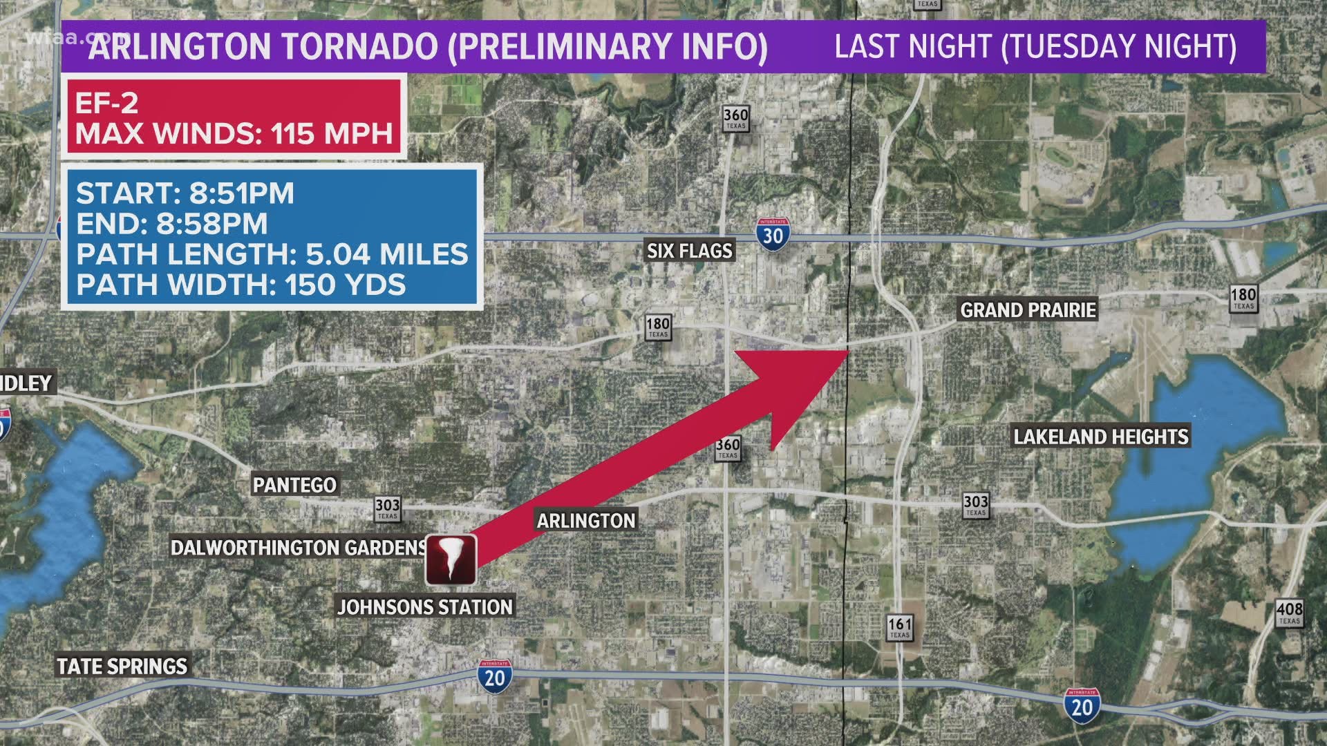 The tornado caused heavy damage in Arlington Tuesday night.