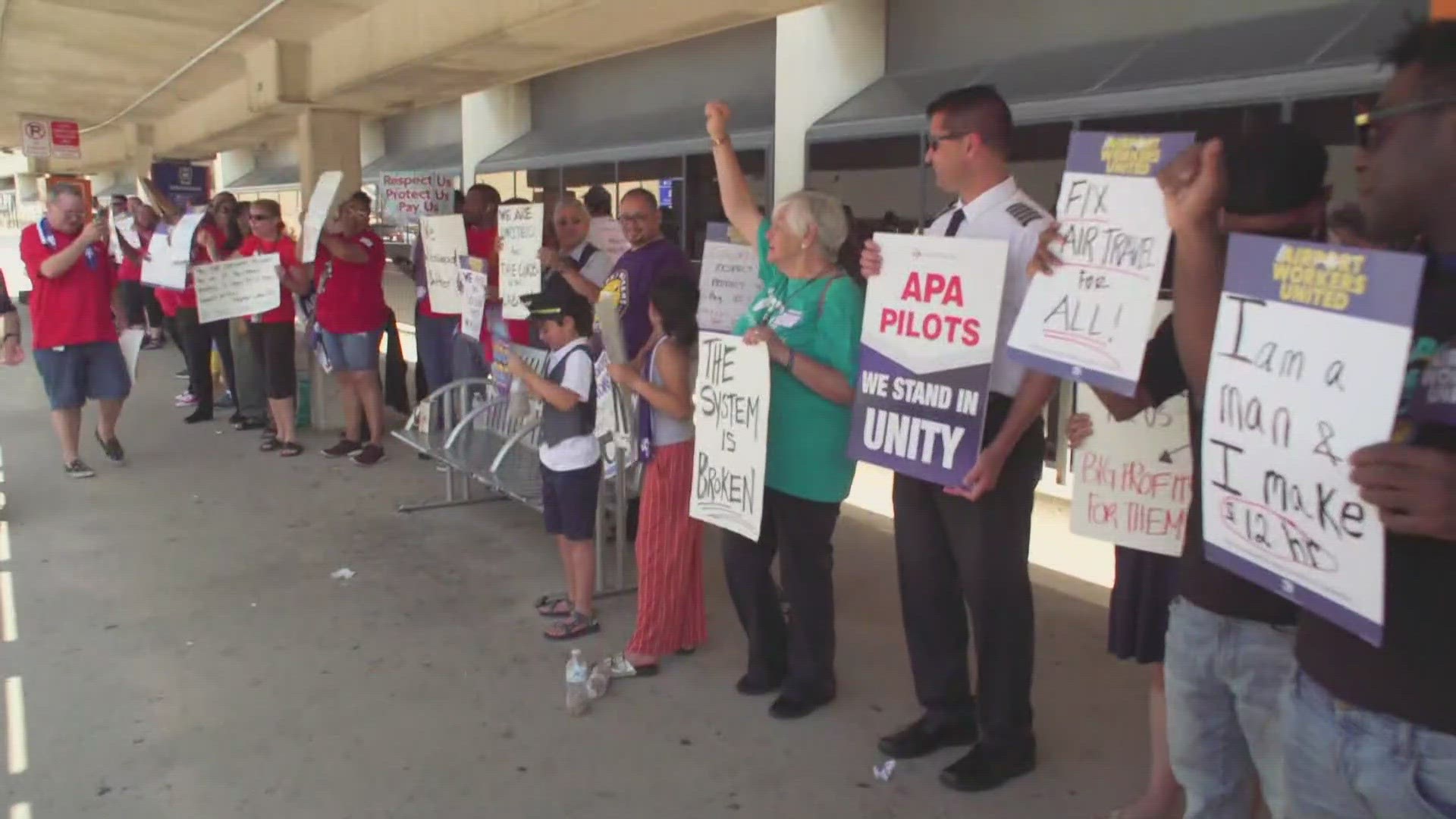 The workers called out American Airlines for what they say is a failure to ensure good jobs for airport service workers.