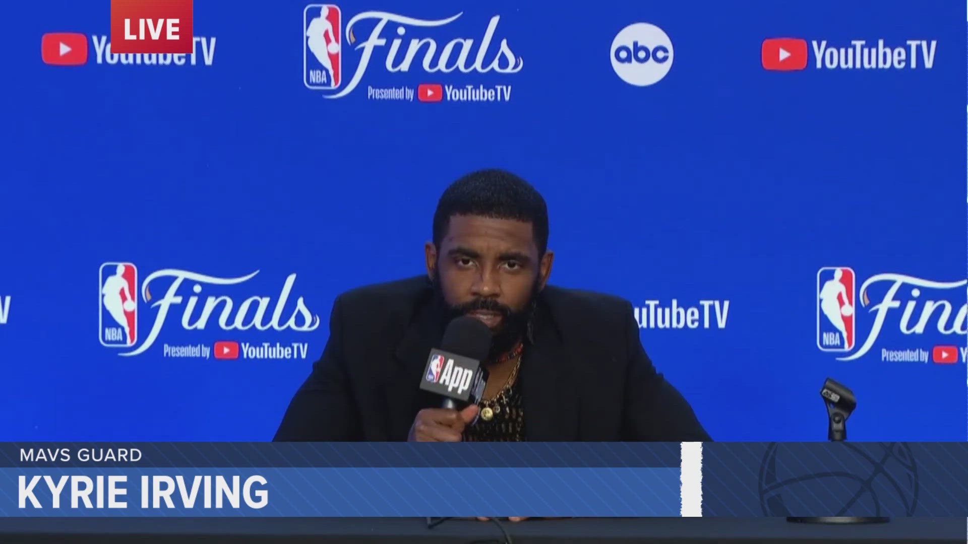 Dallas Mavericks guard Kyrie Irving speaks to the media after losing in Game 2 of the 2024 NBA Finals to the Boston Celtics.