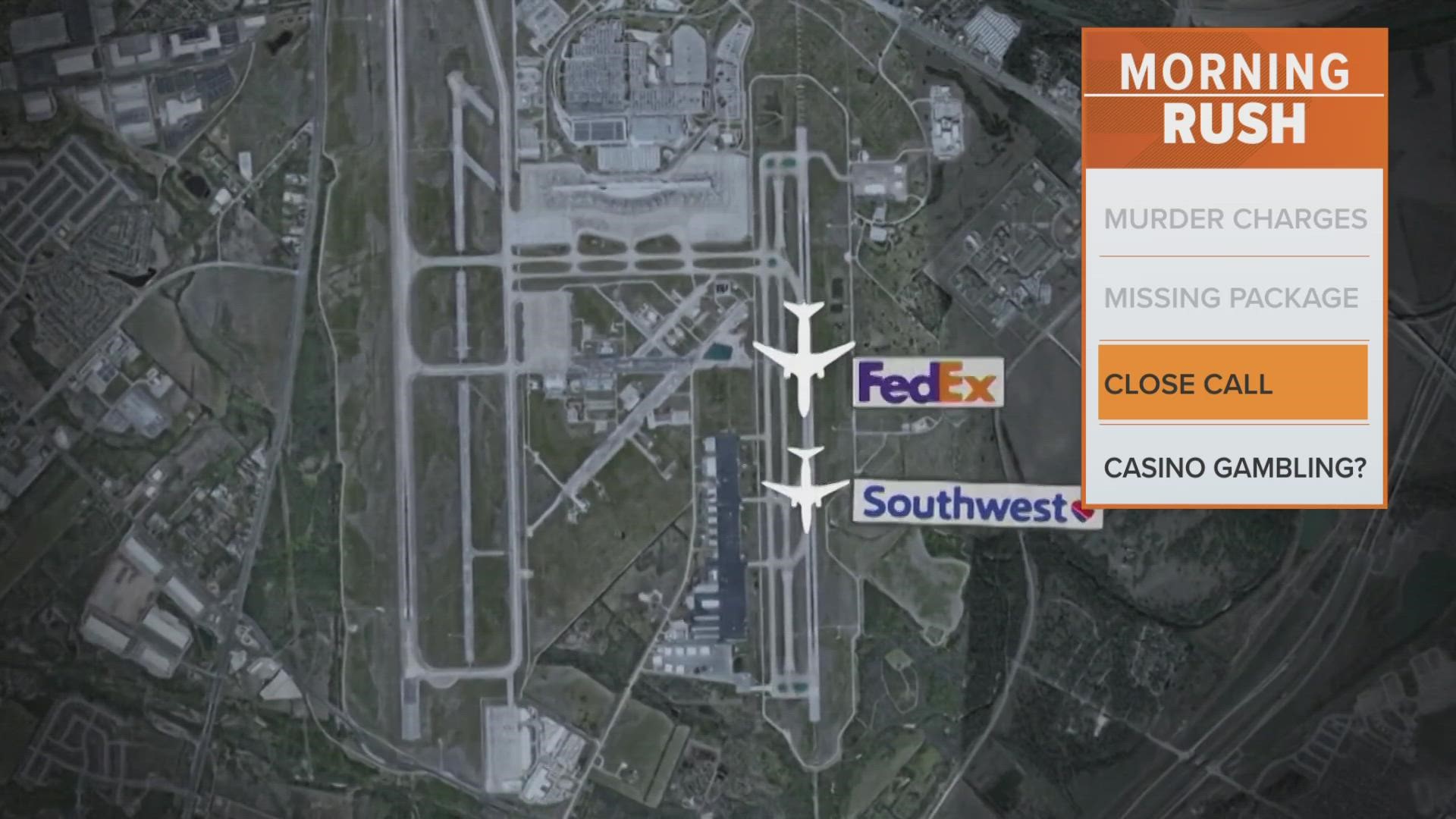 The FedEx plane was trying to land while the Southwest flight was taking off.