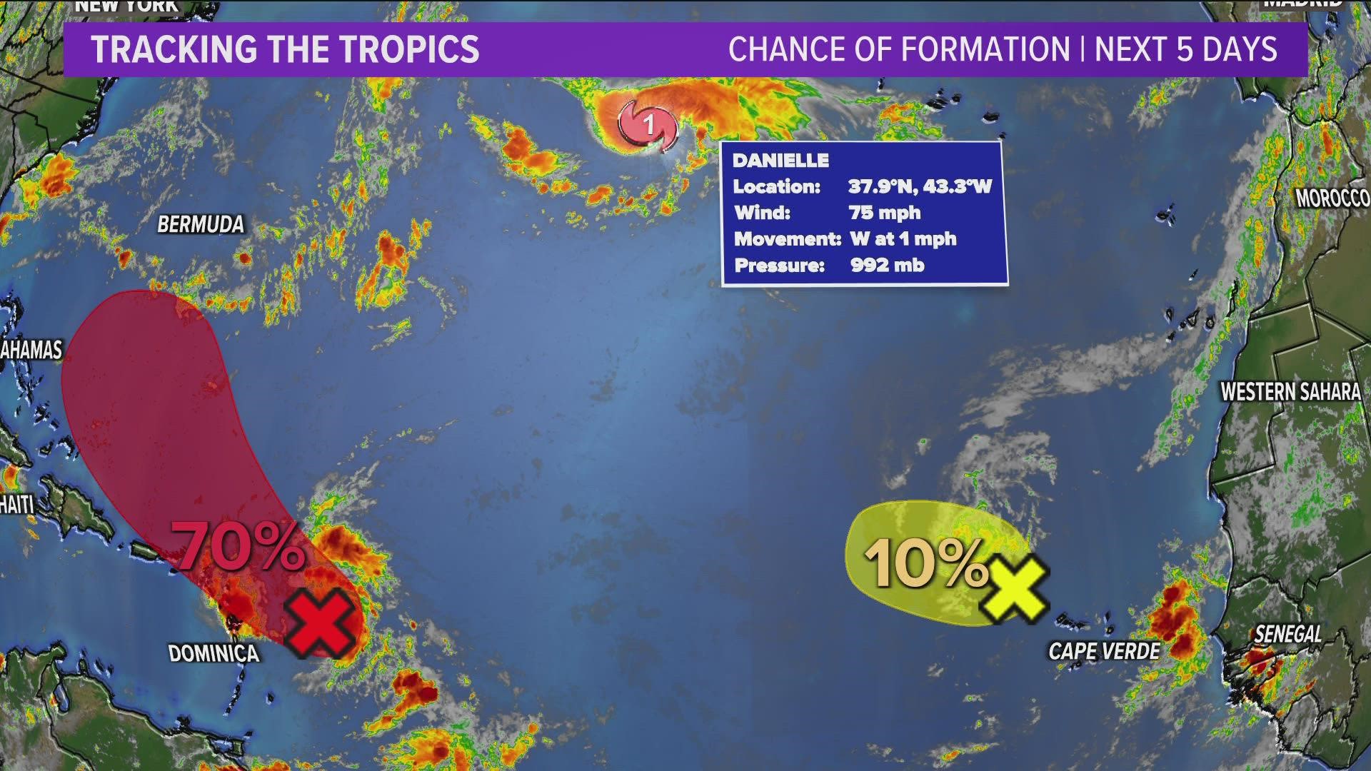 Danielle is a Category 1 Hurricane, becoming the first named storm of the season.