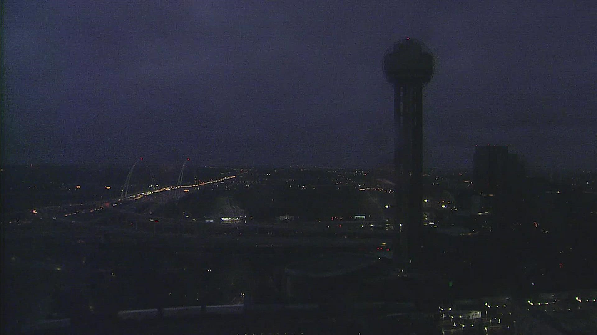 A piece of the iconic Dallas skyline went dark Wednesday to conserve power as a winter storm moved through.