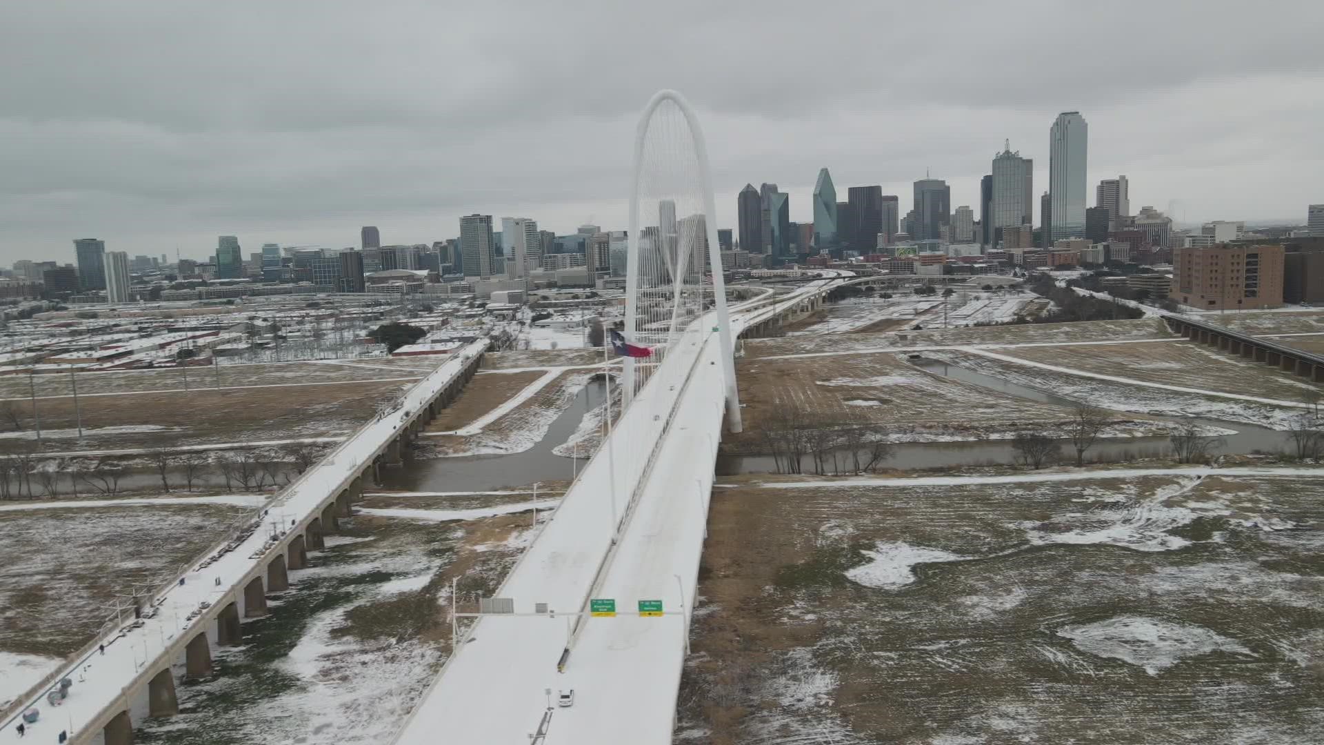 Drone video of snow, ice in Dallas after winter storm