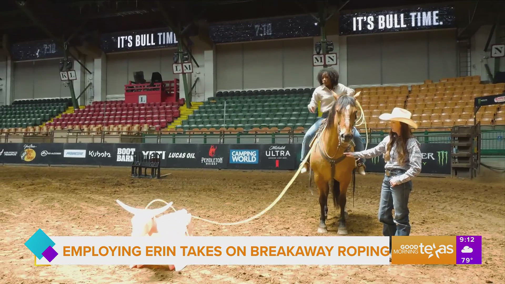 Erin gets a lesson in breakaway roping. Go to pbrworldfinals.com for more information.