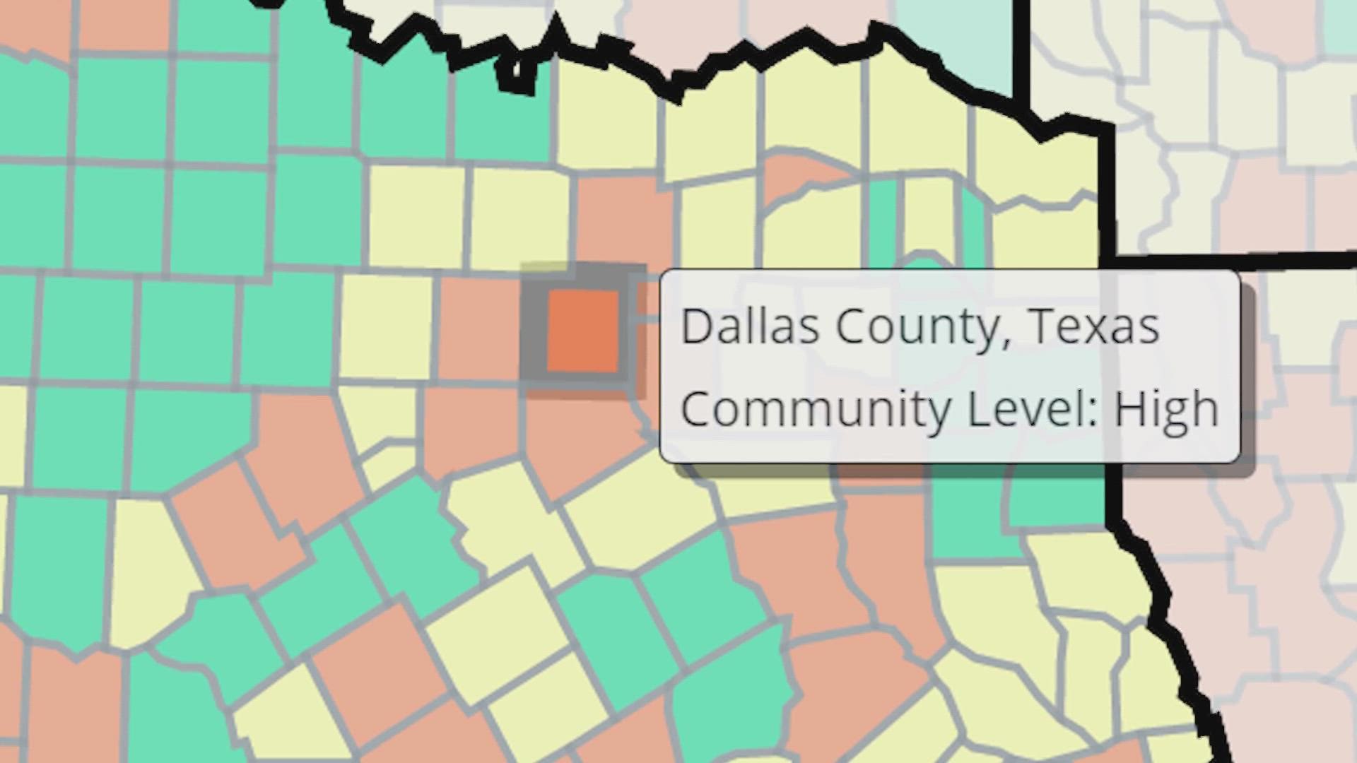 The CDC's color-coded map shows North Texas counties such as Dallas and Tarrant in the red, which means a high risk level.