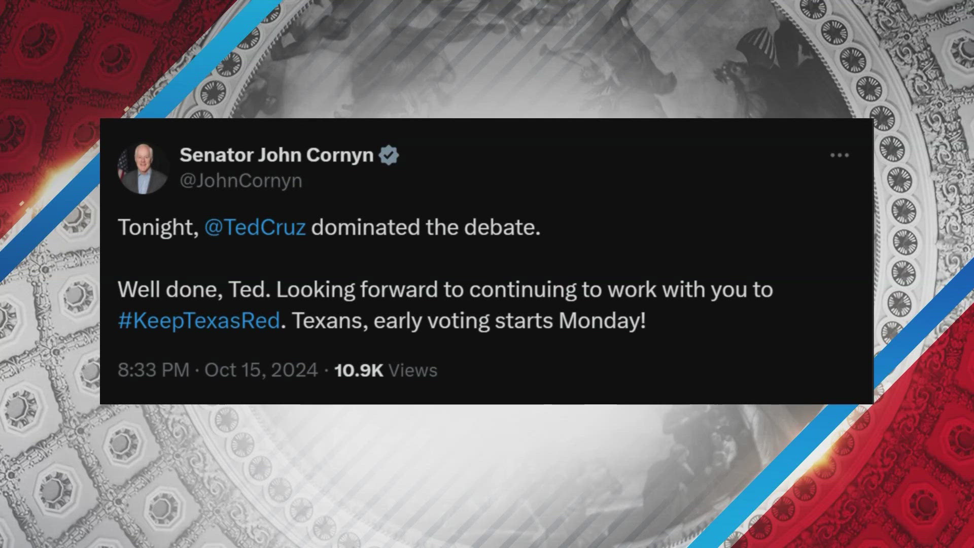 Sen. John Cornyn posted his support for Ted Cruz on X, while former U.S. Rep Liz Cheney echoed her support of Colin Allred.