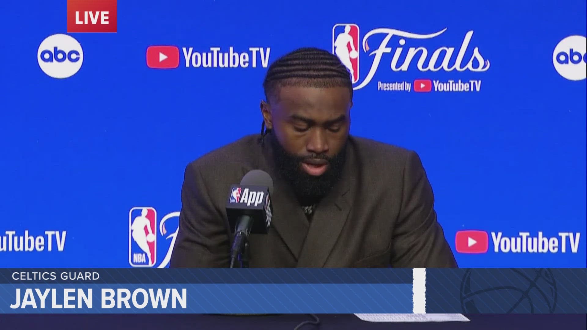 Boston Celtics guard Jaylen Brown speaks to the media after beating the Dallas Mavericks in Game 2 of the 2024 NBA Finals.