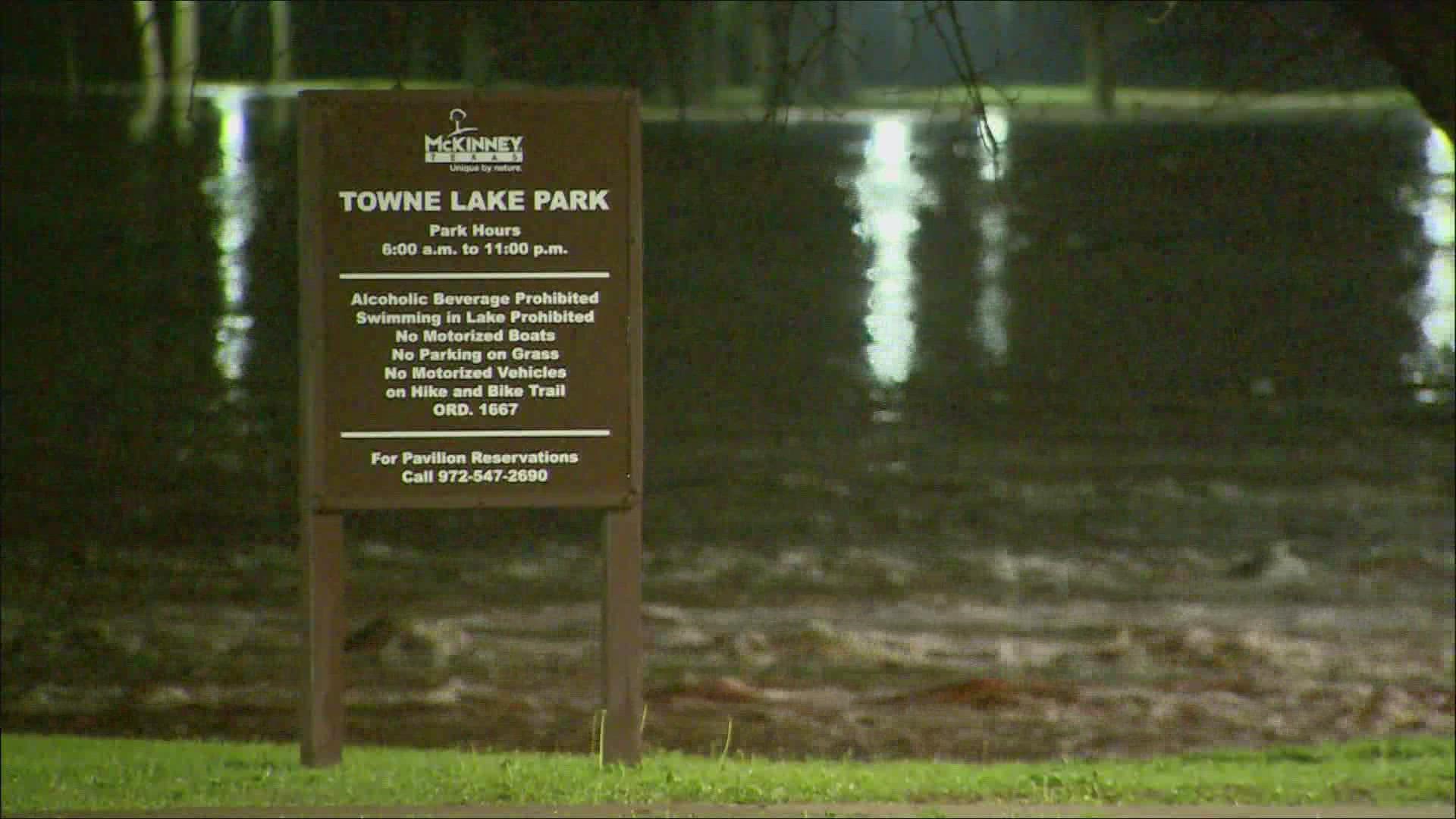 Water had covered the parking lot at Towne Lake Park in McKinney on Monday night.