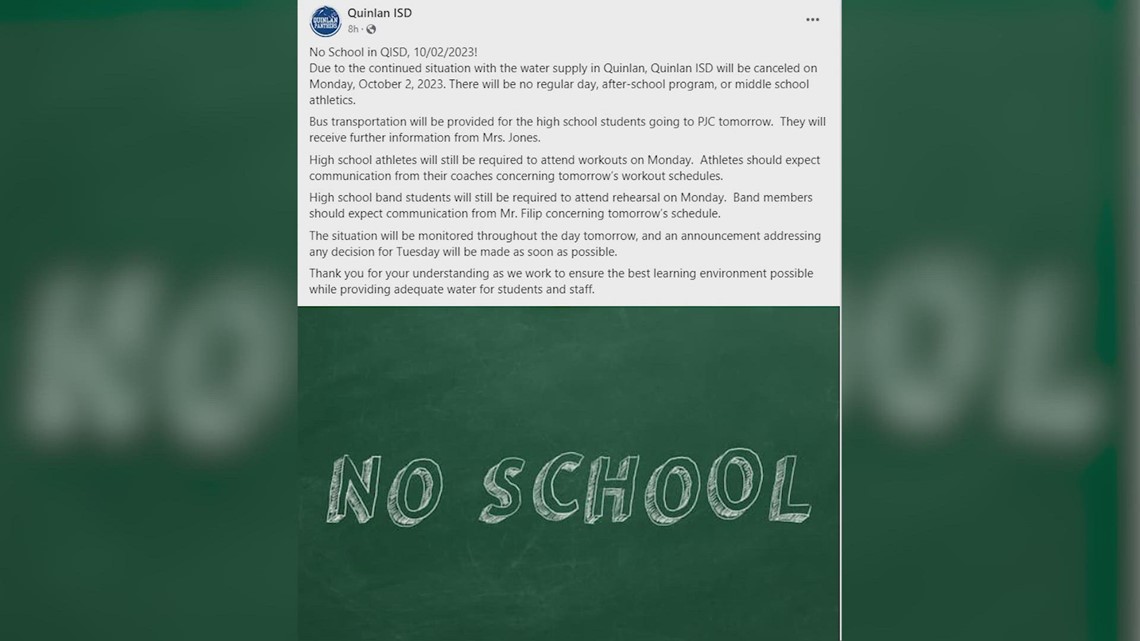 Quinlan, TX School district cancels Monday classes due to water supply